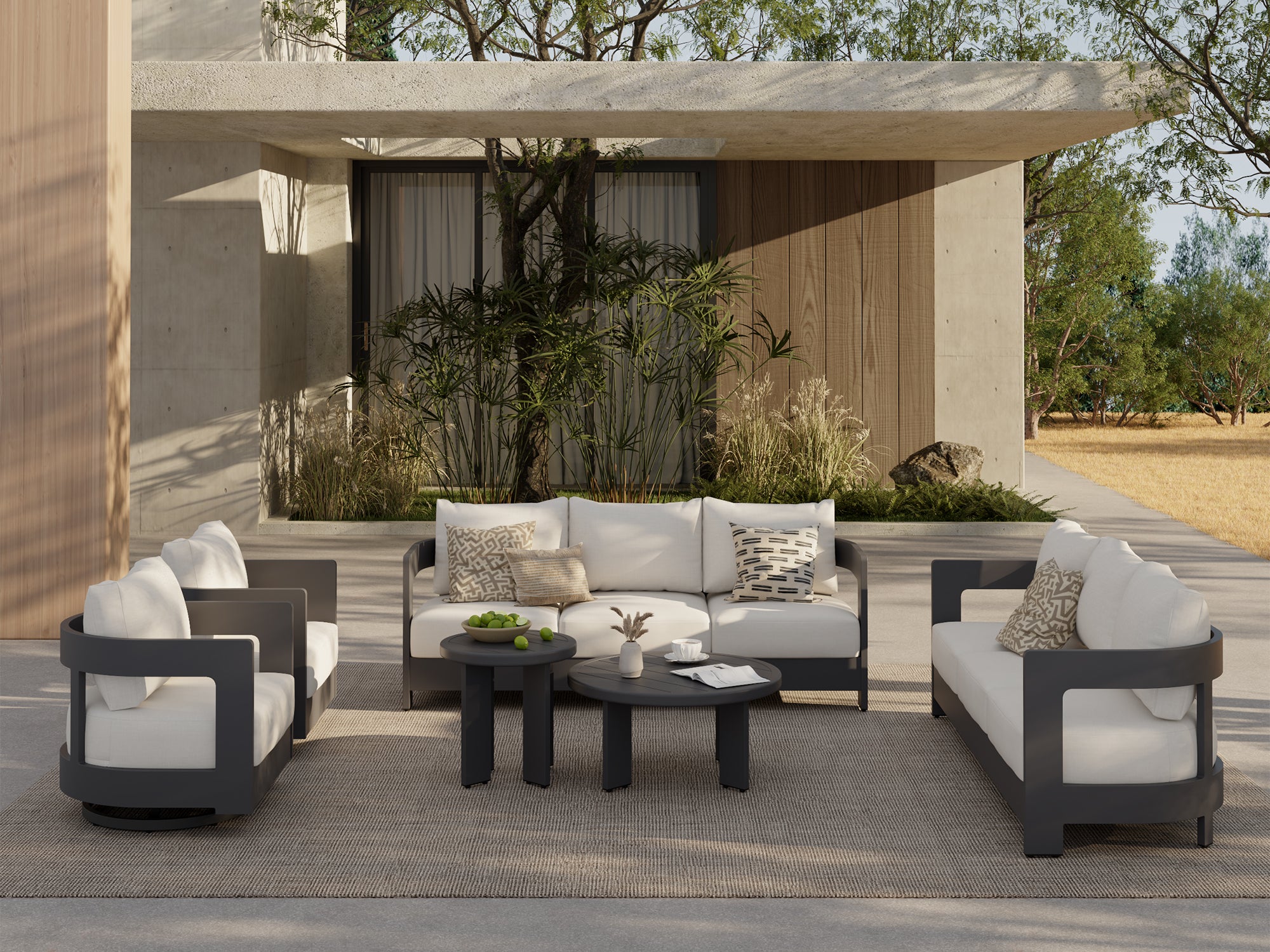Sova Modern Charcoal Aluminum Outdoor Conversation Set with Swivel Chairs, White Sunbrella® Cushions