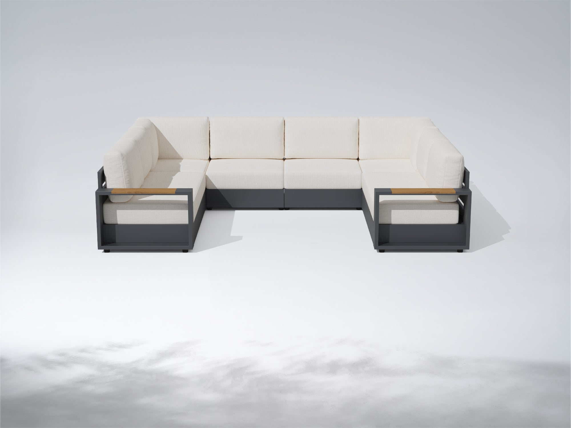 A modern outdoor sectional sofa with cream-colored cushions and a dark gray frame, shown on a light gray studio background. #config_8-Seat U‑Shape