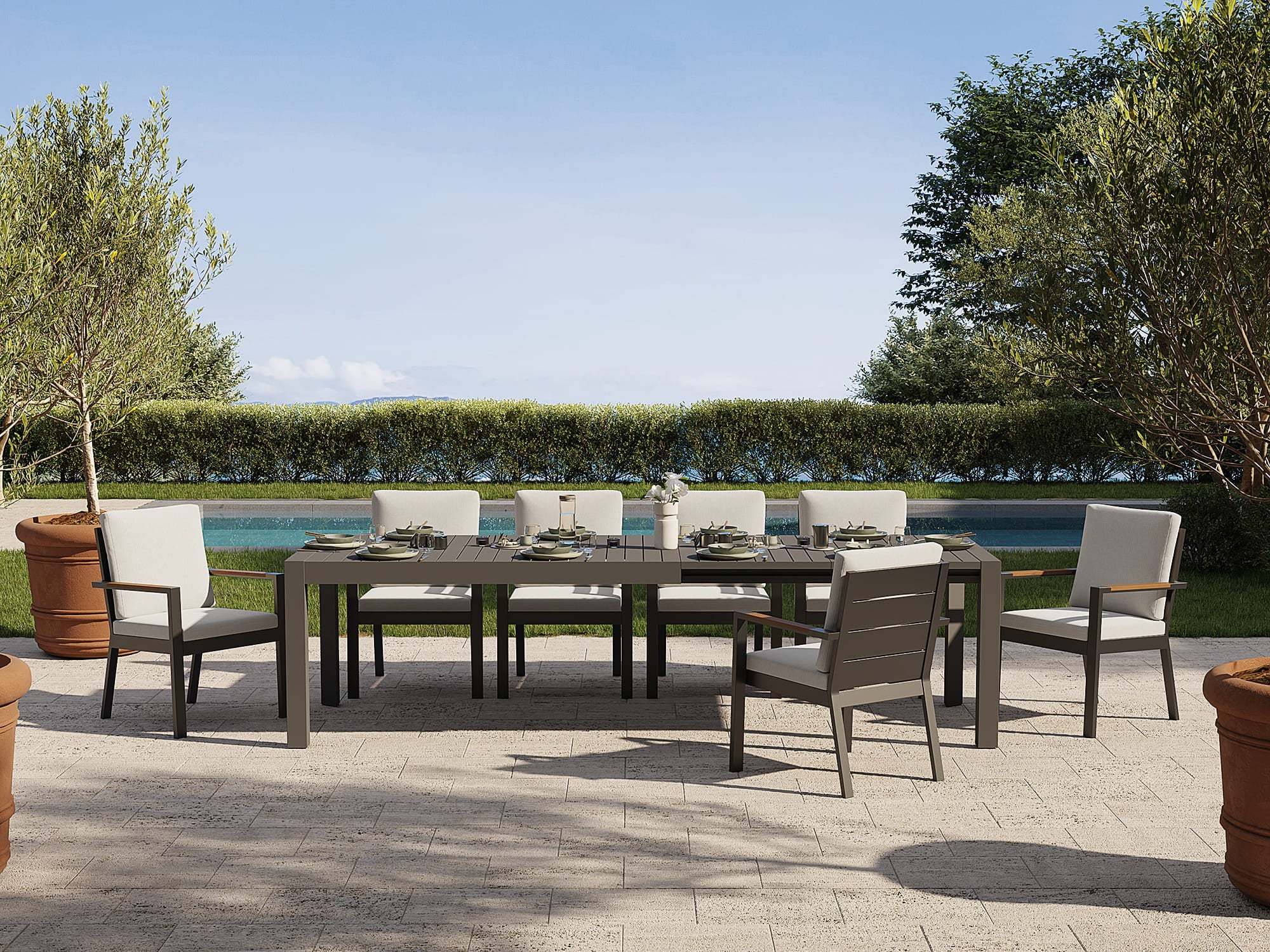 Addison Outdoor Aluminum Dining Set, Dark Grey, Extendable Design, 65"-112"