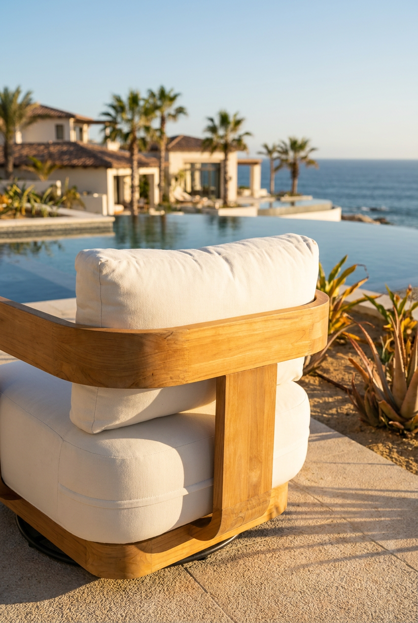 A modern outdoor lounge chair with thick white cushions and a curved natural wood frame, positioned on a stone patio overlooking an infinity pool, palm trees, and the ocean.