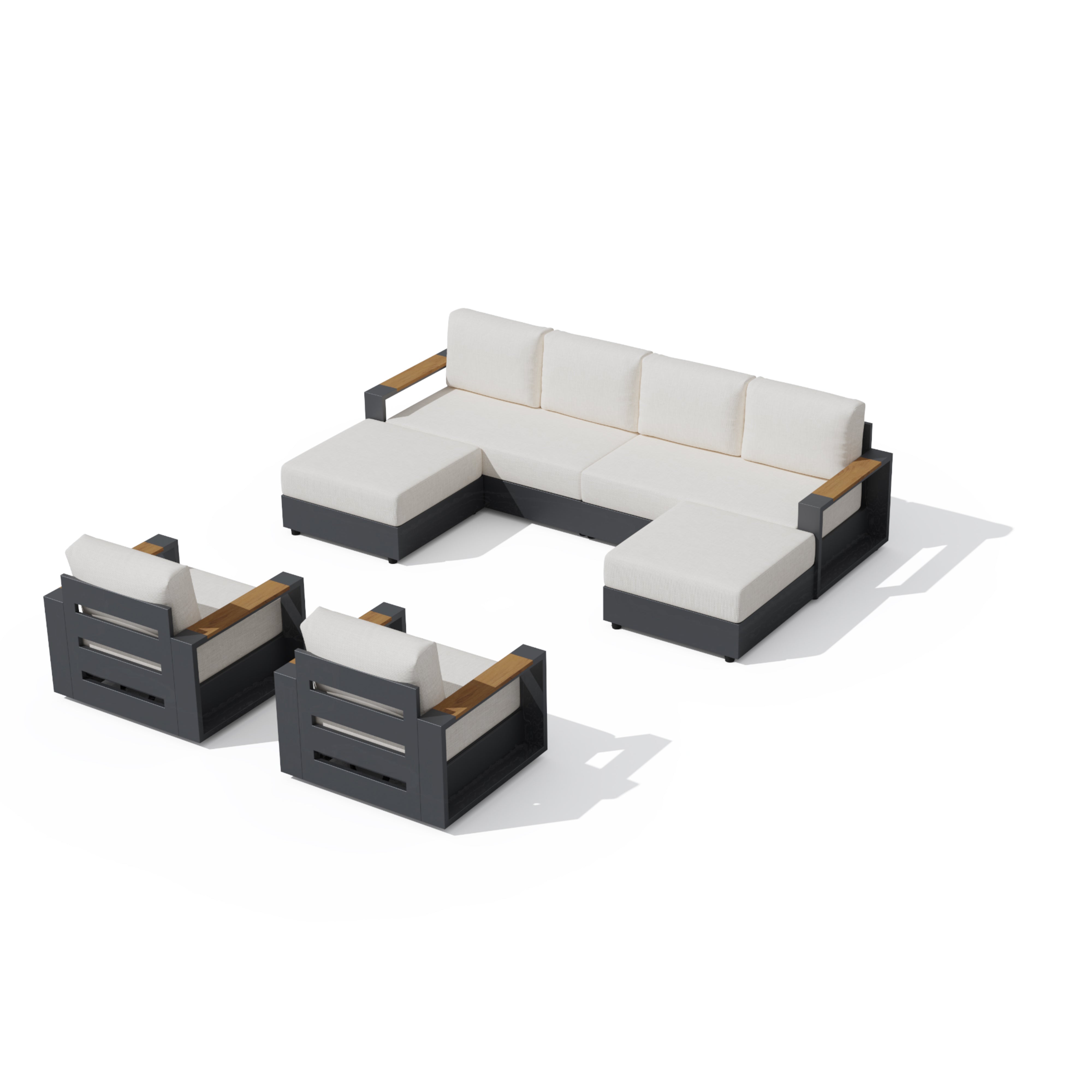 Outdoor sectional sofa set with two matching armchairs, featuring off-white cushions and dark gray frames with light wood arm accents, shown on a white background. #config_U‑Sofa + 2 Swivels