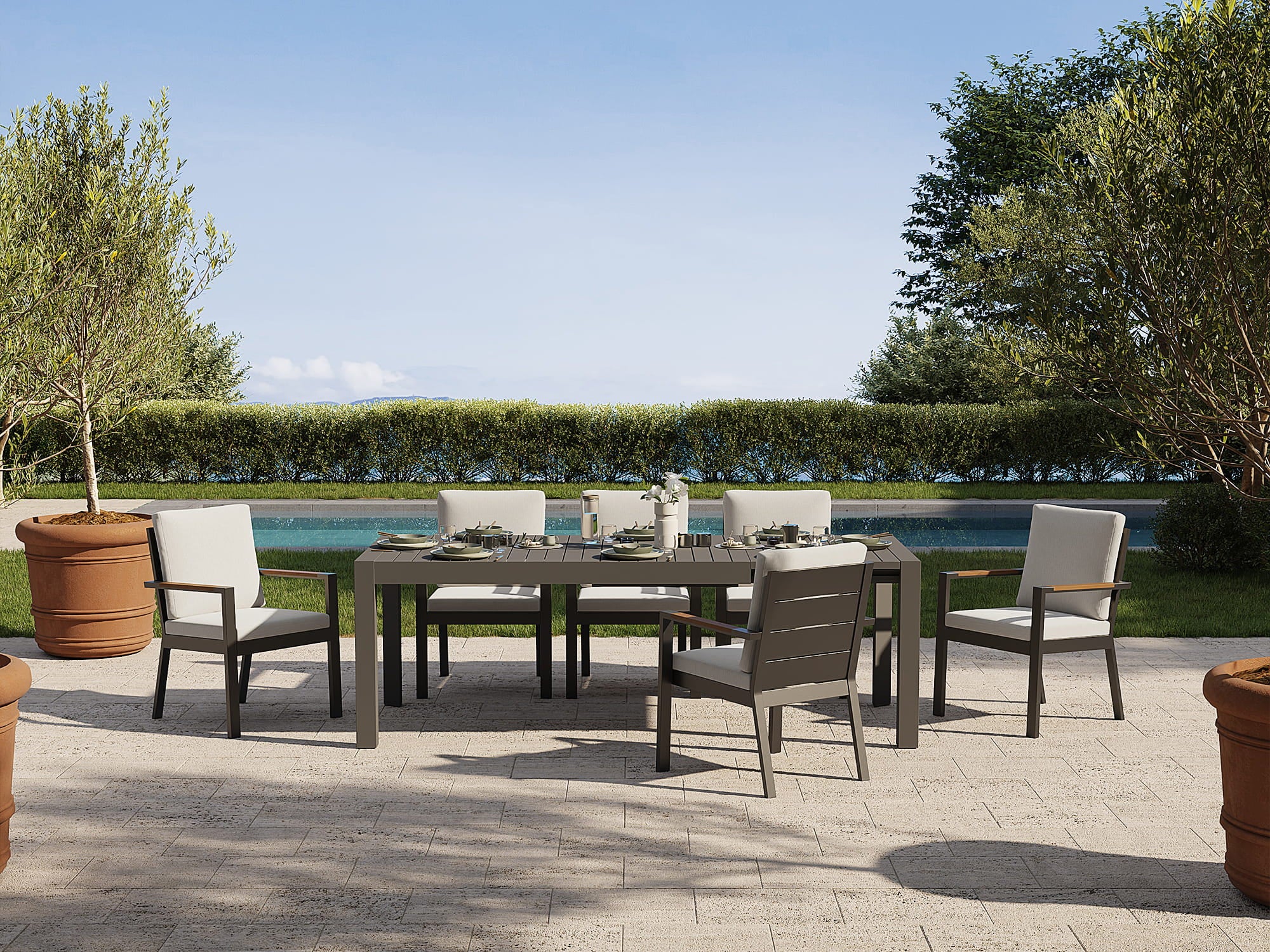 Addison Outdoor Aluminum Dining Set, Dark Grey, Extendable Design, 65"-112"