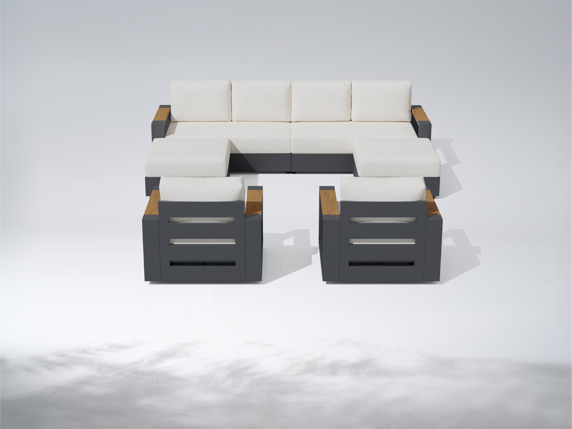 A modern outdoor sectional sofa set with a three-seat sofa, two matching armchairs, and a low ottoman, featuring off-white cushions and dark gray frames with light wood accents, shown on a light gray background. #config_U‑Sofa + 2 Swivels