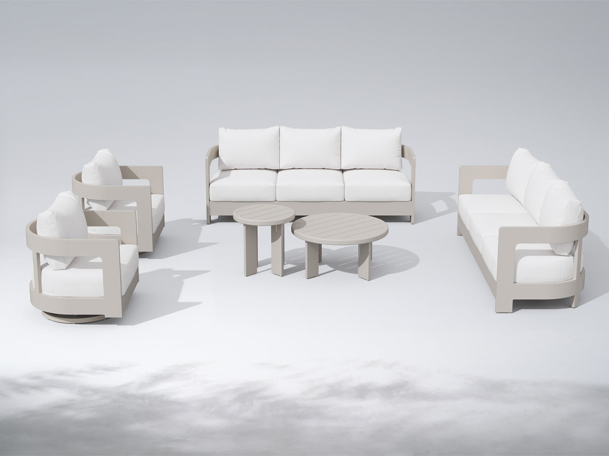 A modern outdoor patio furniture set featuring a three-seat sofa, a two-seat sofa, two armchairs, and two round coffee tables in a light beige frame with off-white cushions, arranged on a light gray studio background. #color_white