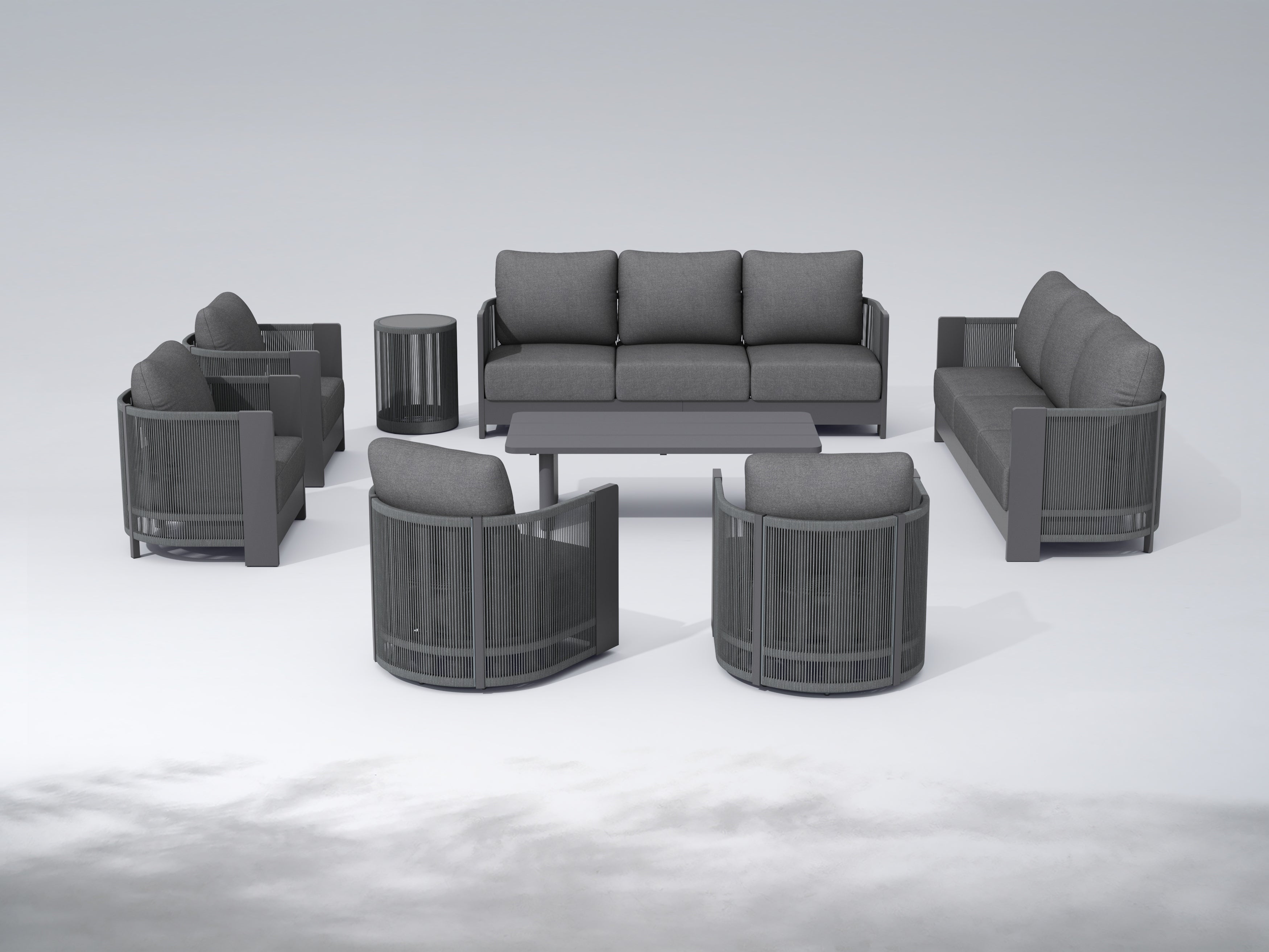 Irati 8 Piece Aluminum Rope Outdoor Seating Set, Swivel Chairs, Dark Grey Cushions, Mixed Tables