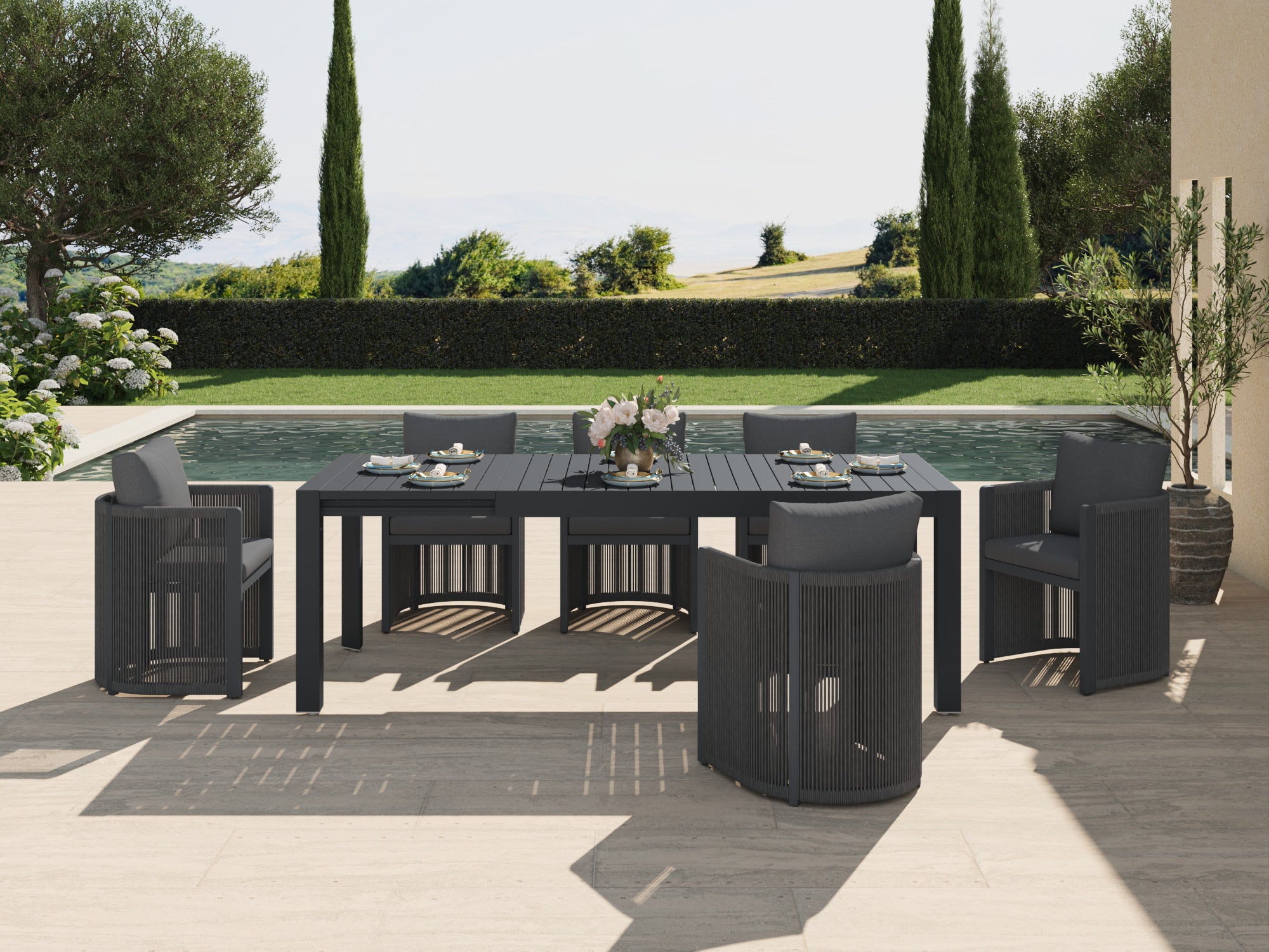 Irati Aluminum Outdoor Dining Set for 6-10 Seats, Dark Grey, Rope Design, Extendable Table