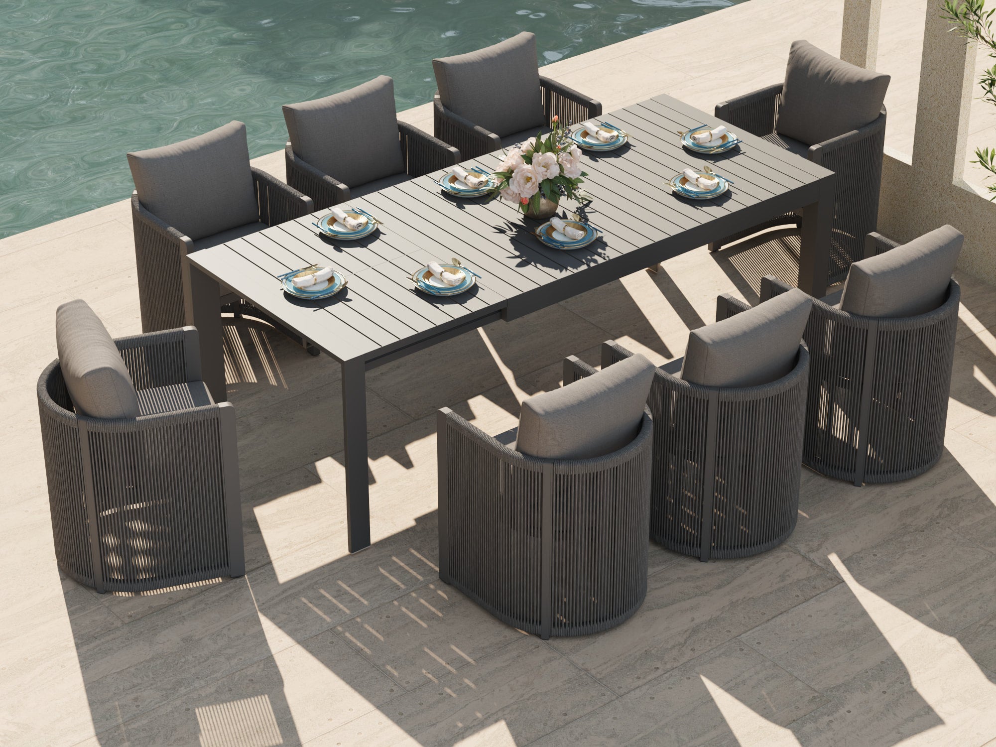 Irati Aluminum Outdoor Dining Set for 6-10 Seats, Dark Grey, Rope Design, Extendable Table