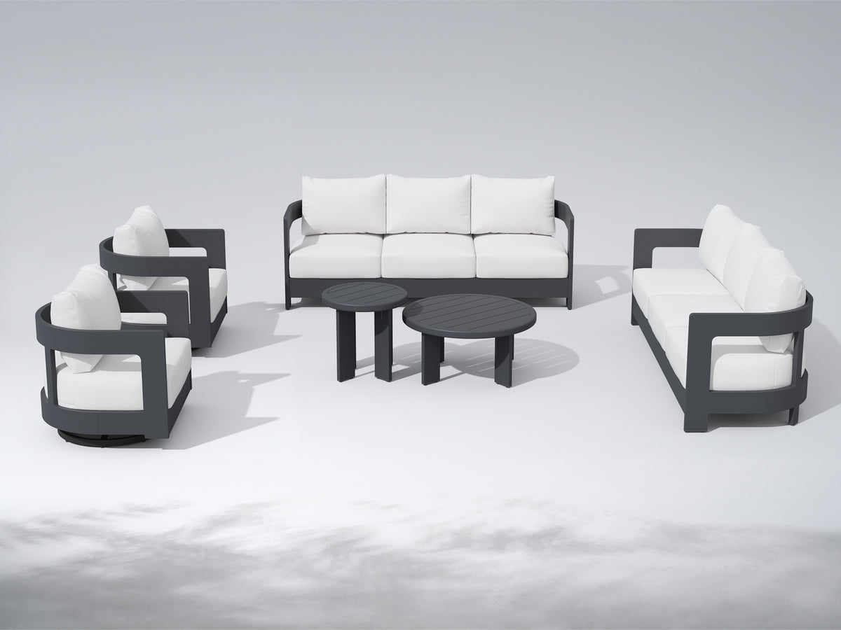 Sova Modern Charcoal Aluminum Outdoor Conversation Set with Swivel Chairs, White Sunbrella® Cushions