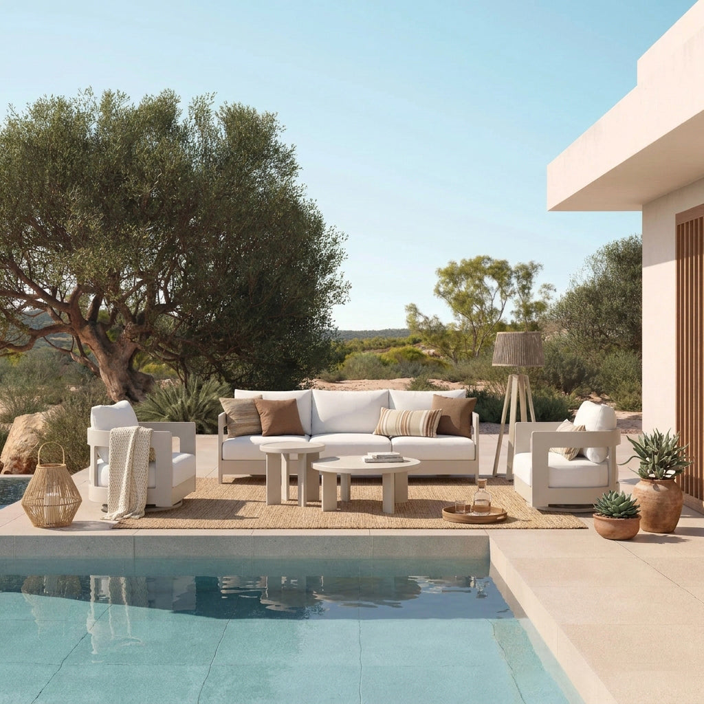 Outdoor patio furniture set arranged beside a swimming pool, including a white sectional sofa, two white armchairs, round coffee tables, a floor lamp, and woven decor, with trees and a modern building in the background. #color_white