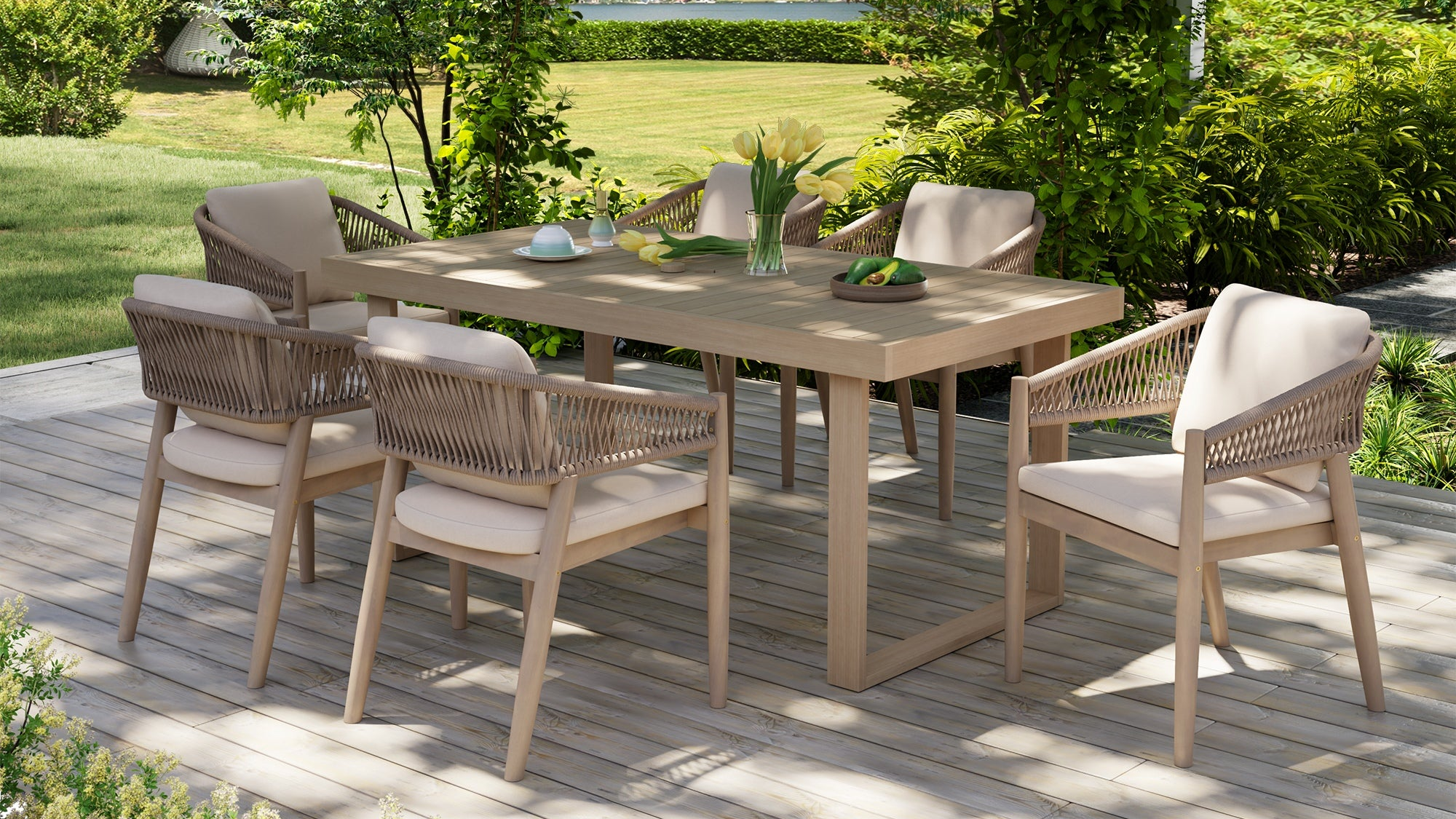 Outdoor dining set with a wooden table and chairs on a deck.