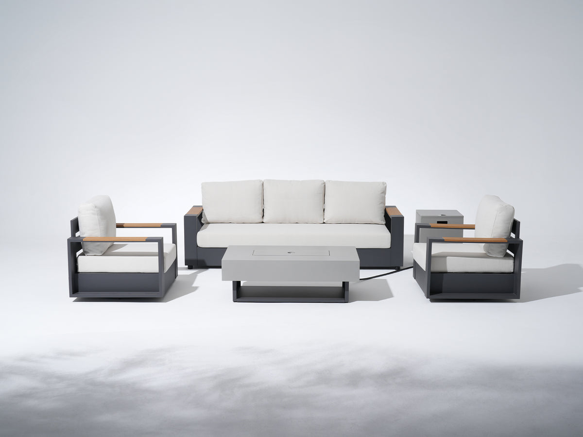 Addison Modern Aluminum Outdoor Sofa Set With Fire Pit, Charcoal