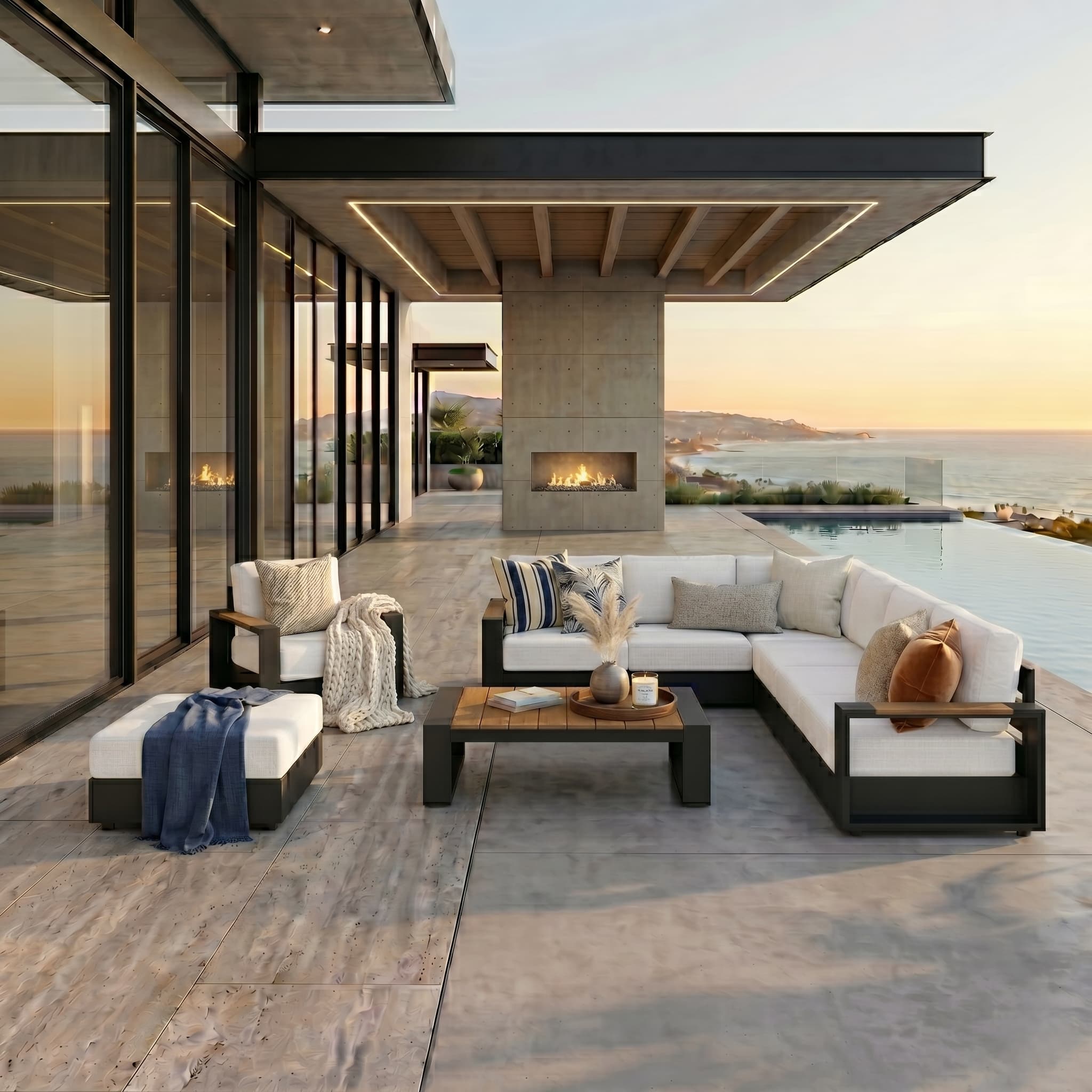 Addison Modular Outdoor Sectional Sofa Set with Chair and Ottoman, Dark Grey Aluminum