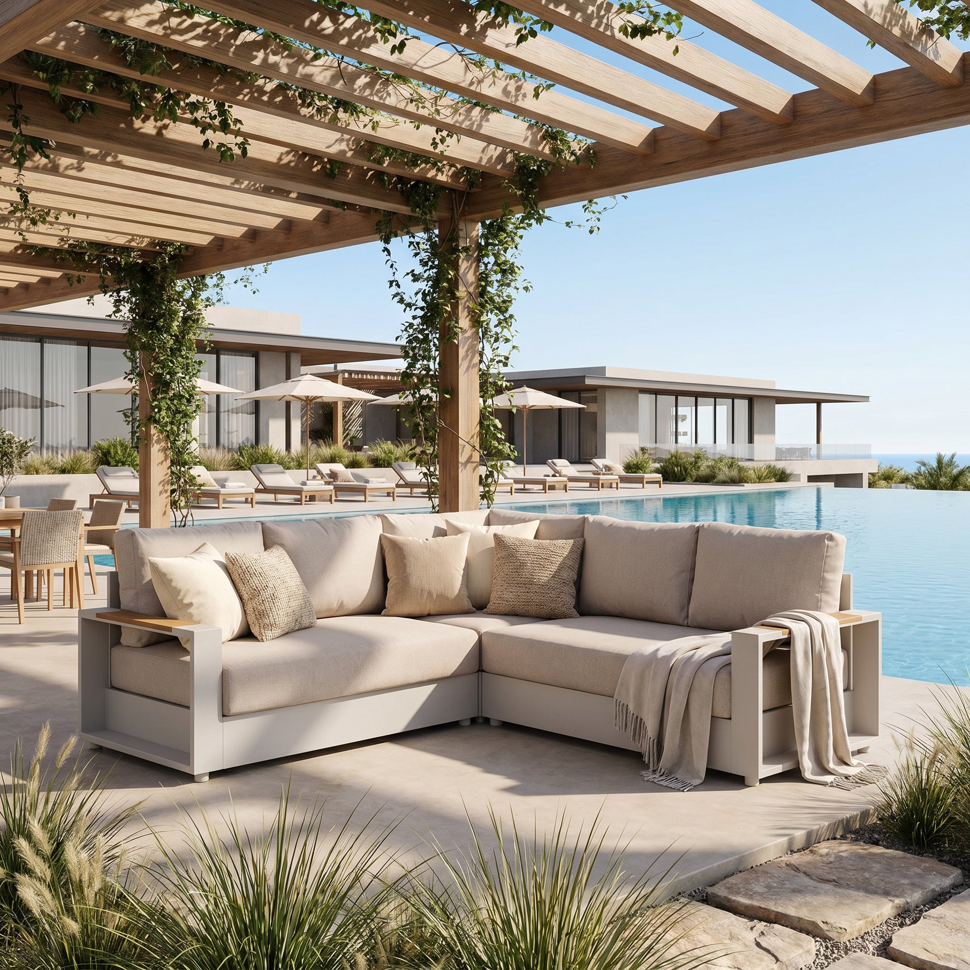 Addison Modular Outdoor Sectional Sofa Set, Light Beige Aluminum Frame & Linen Cushions