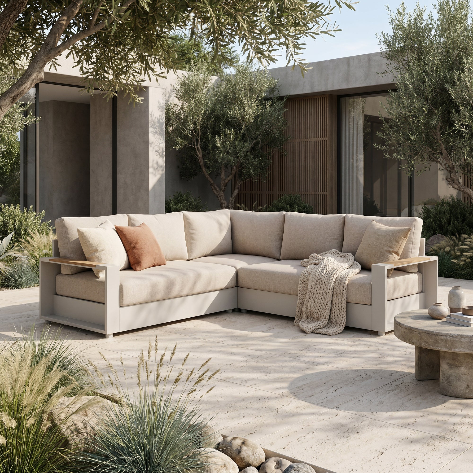 Addison Modular Outdoor Sectional Sofa Set, Light Beige Aluminum Frame & Linen Cushions
