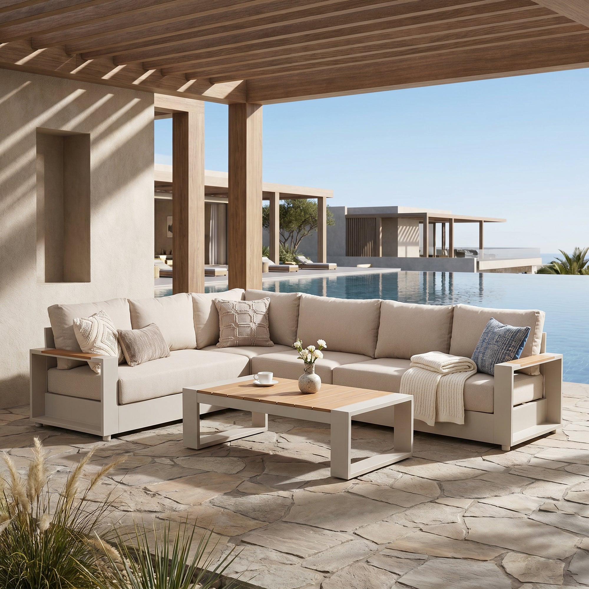 Addison Modular Outdoor Sectional Sofa Set, Light Beige Aluminum Frame & Linen Cushions