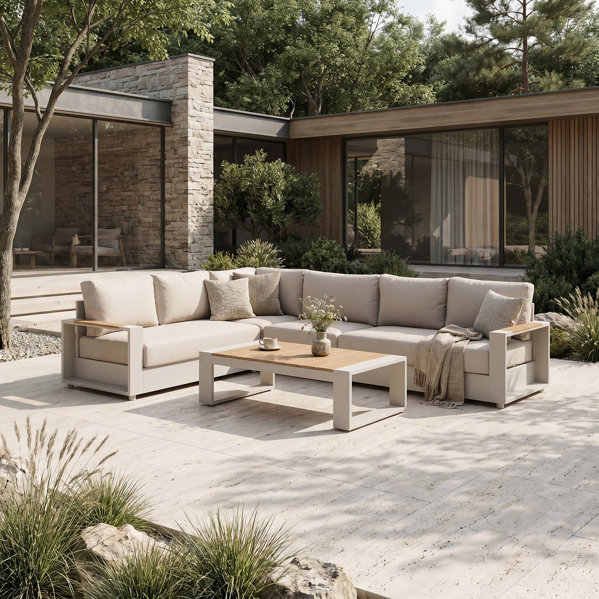 Addison Modular Outdoor Sectional Sofa Set, Light Beige Aluminum Frame & Linen Cushions