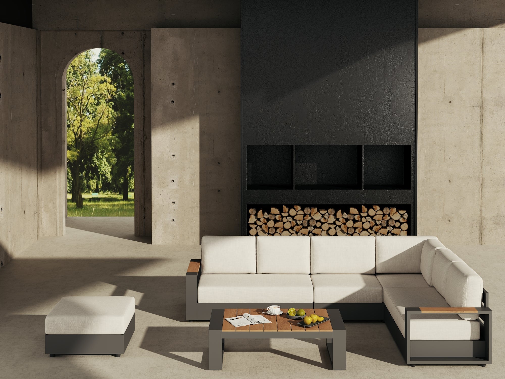 Addison Modular Outdoor Sectional Sofa Set, Dark Grey Aluminum & Creamy White Cushions