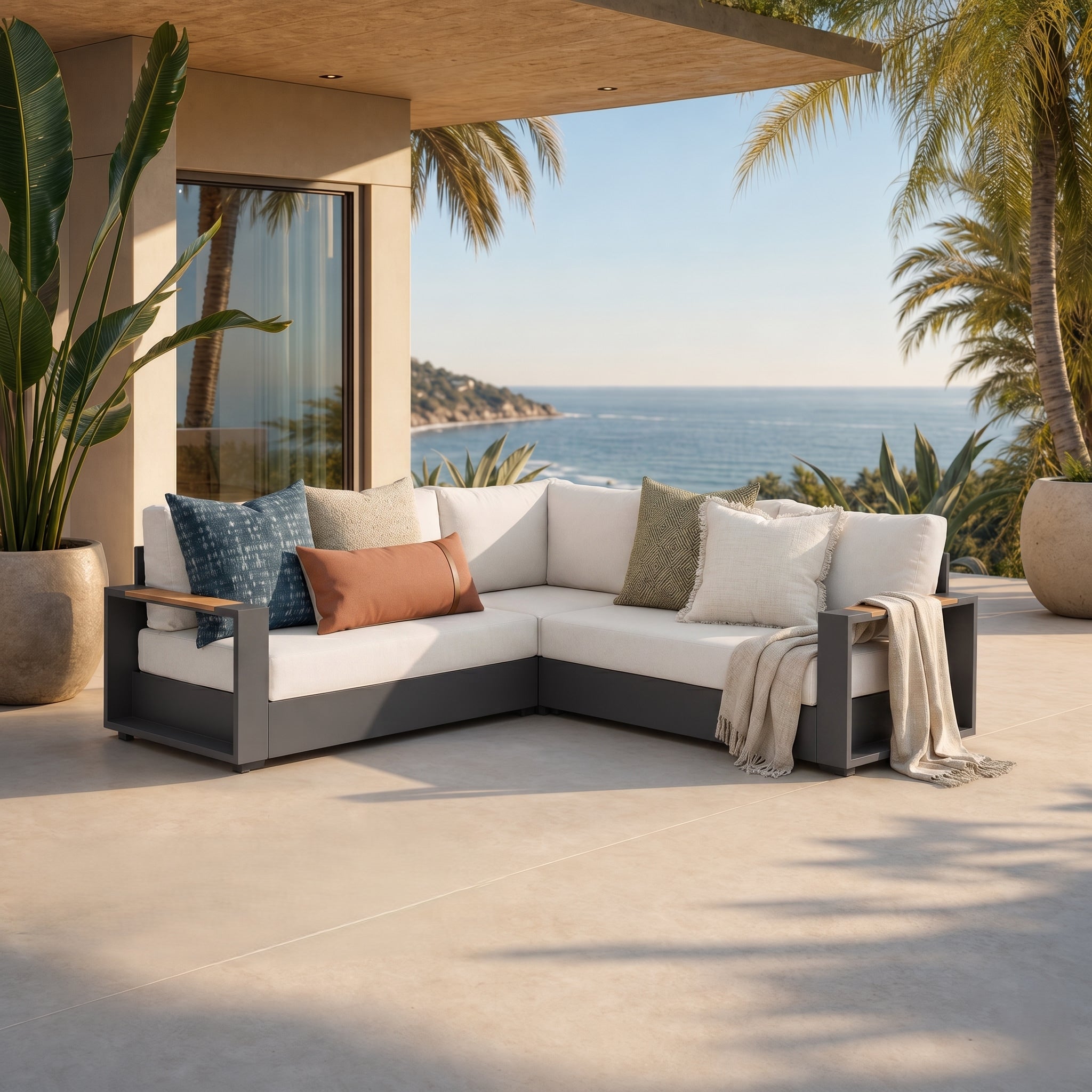 Addison Modular Outdoor Sectional Sofa Set, Dark Grey Aluminum & Creamy White Cushions- Jardina Premium Modern Outdoor Patio Furniture Sets