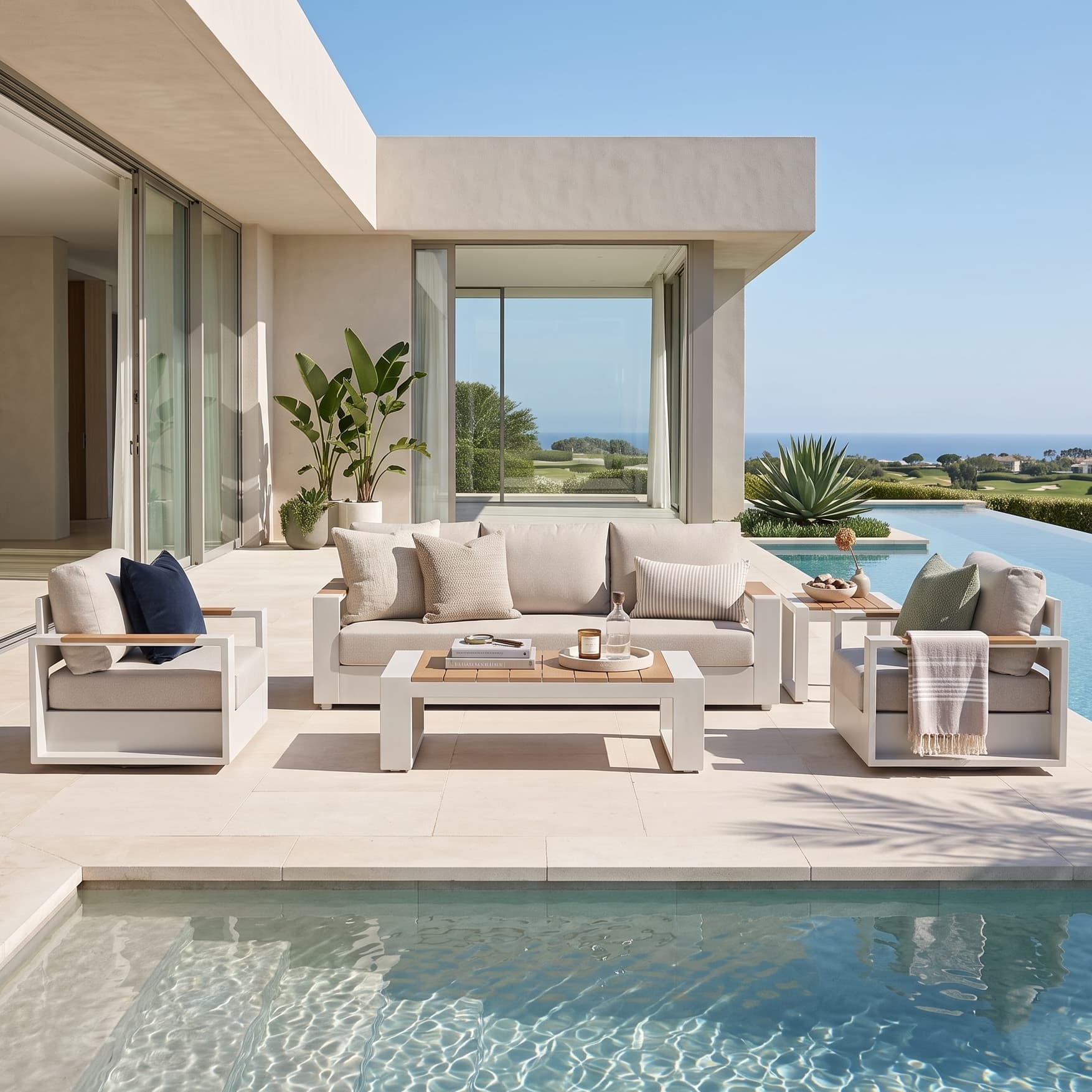 Addison Modern Metal Outdoor Sofa Set, Oyster White Aluminum Frame, Linen Olefin Cushion, Mixed Tables