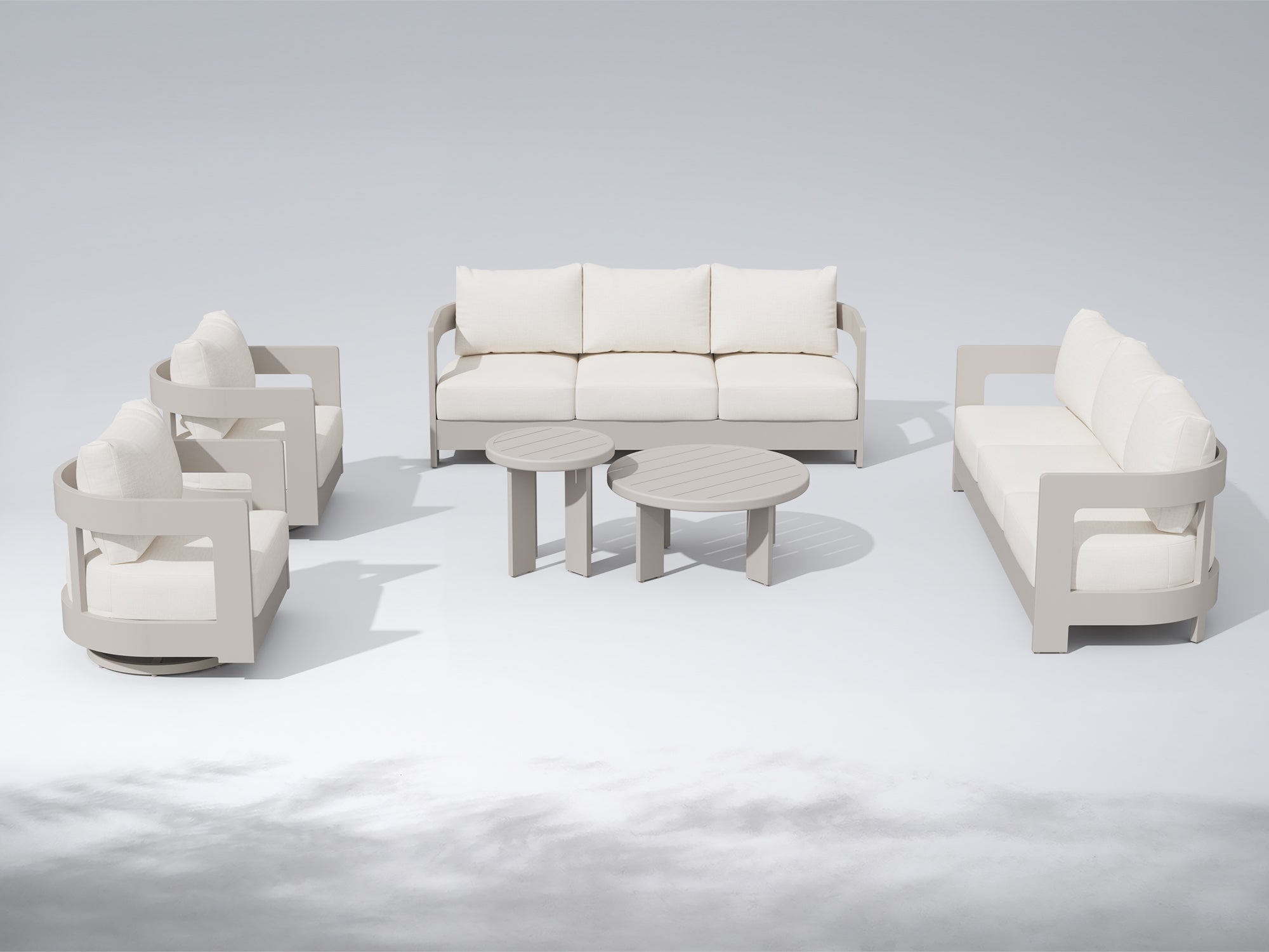 Sova Modern Aluminum Patio Conversation Set with Swivel Chairs, Mixed Tables, Light Beige Cushions
