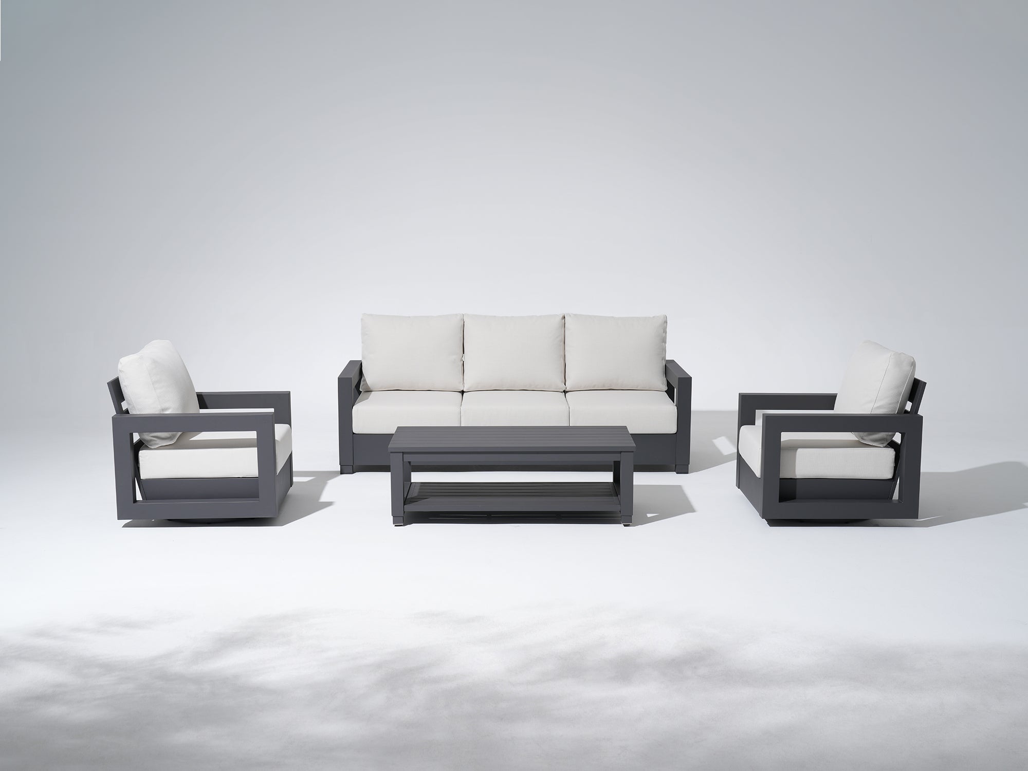 Vela Charcoal Aluminum Outdoor Conversation with Swivel Lounge Chairs, Olefin White Cushions