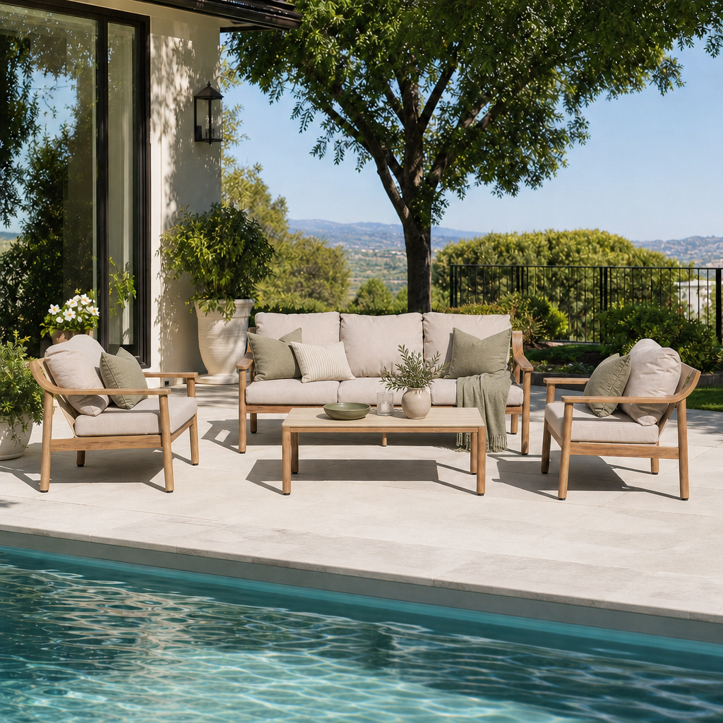 Arlo Textilene Mesh Light Beige Outdoor Seating Set, Wood-Look, Aluminum Frame