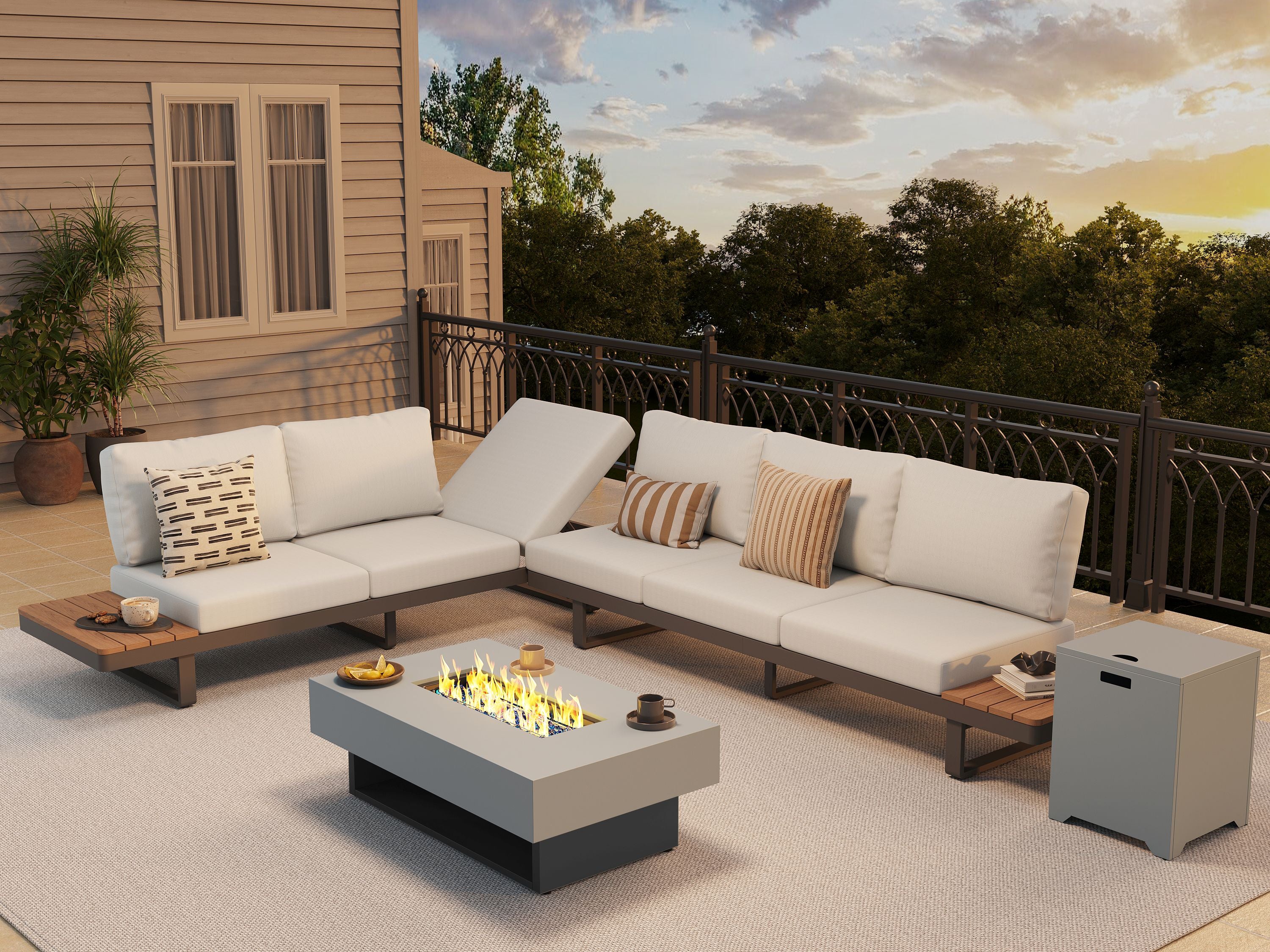Addison Outdoor Sectional with Fire Pit, Adjustable Recline Design, Aluminum & Cushions