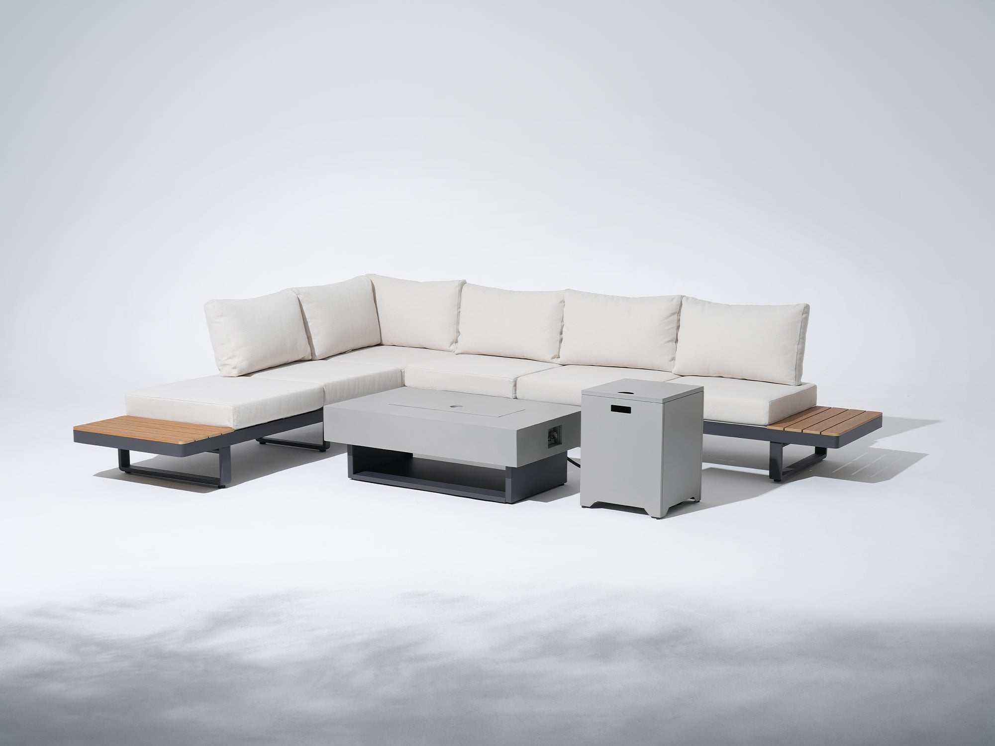 Addison Outdoor Sectional with Fire Pit, Adjustable Recline Design, Aluminum & Cushions
