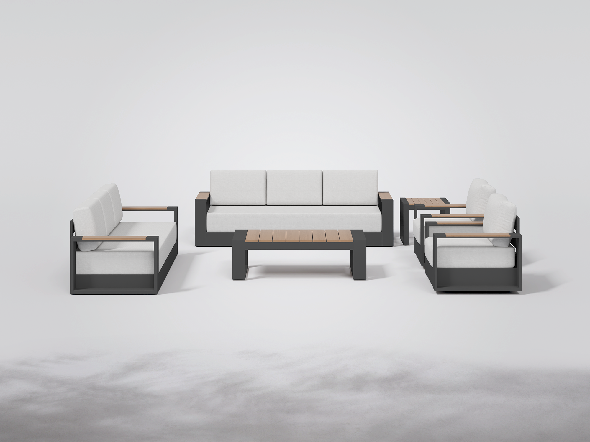 Addison Modern Metal Outdoor Sofa Set, Dark Grey Aluminum Frame, Swivel Chairs, 8 Seats