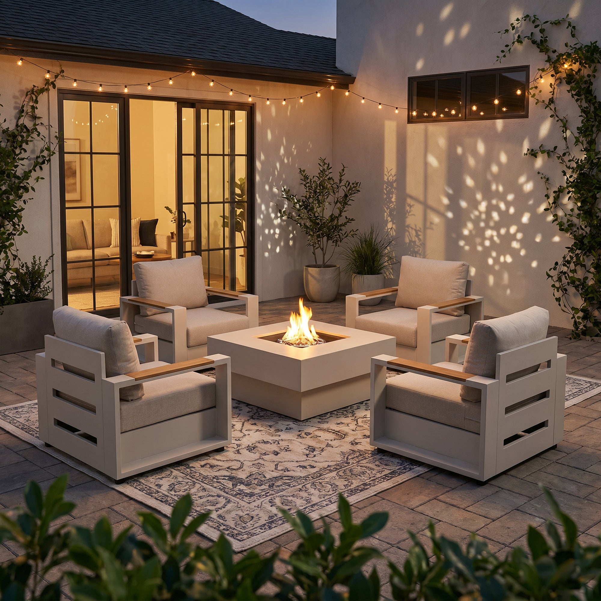 Addison Oyster White Outdoor Aluminum Lounge Chair Set with Square Fire Pit Table, Linen Olefin Cushion