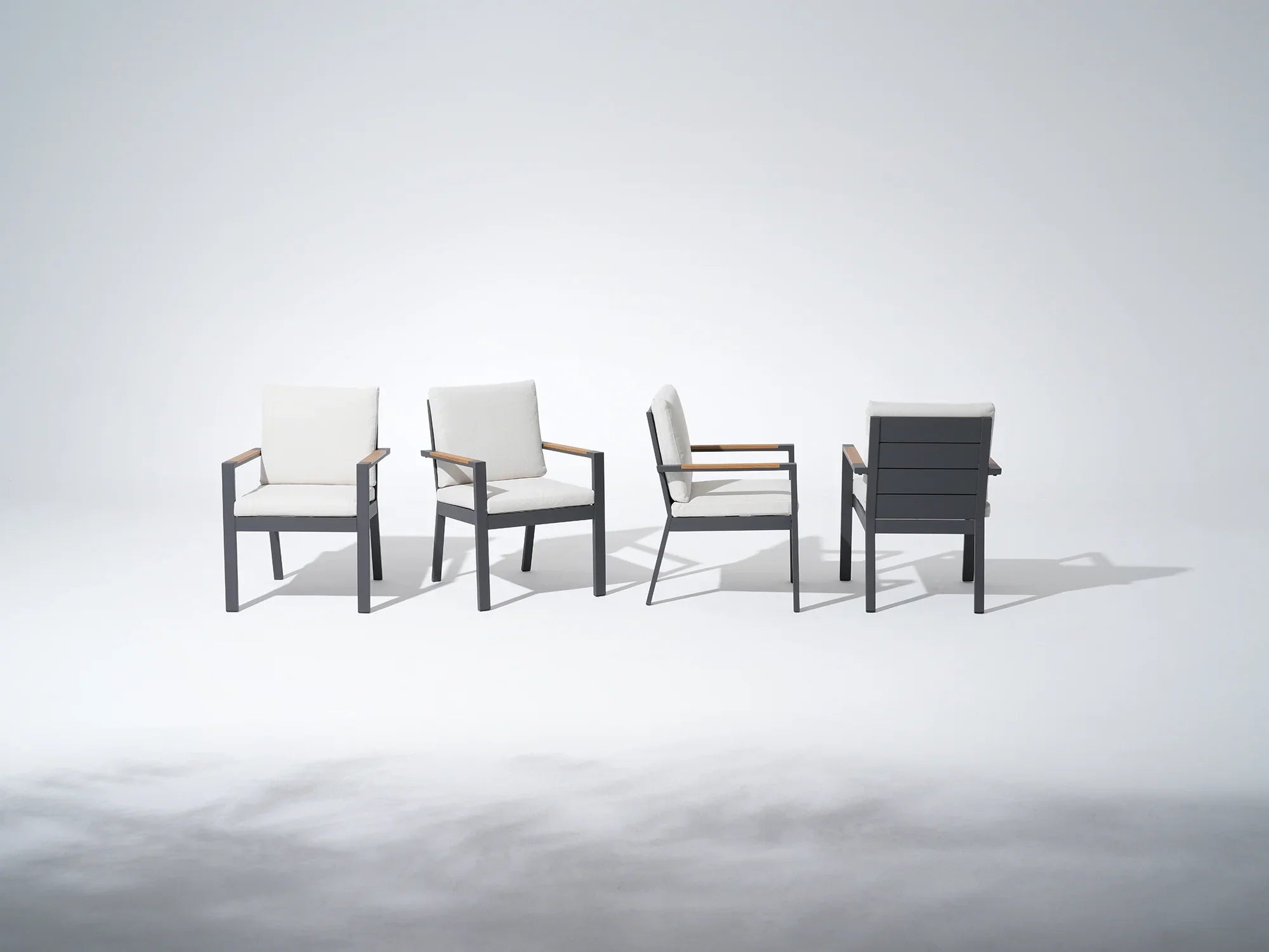 Four aluminum dining chairs with white cushions - Jardina Premium Modern Outdoor Dining Furniture