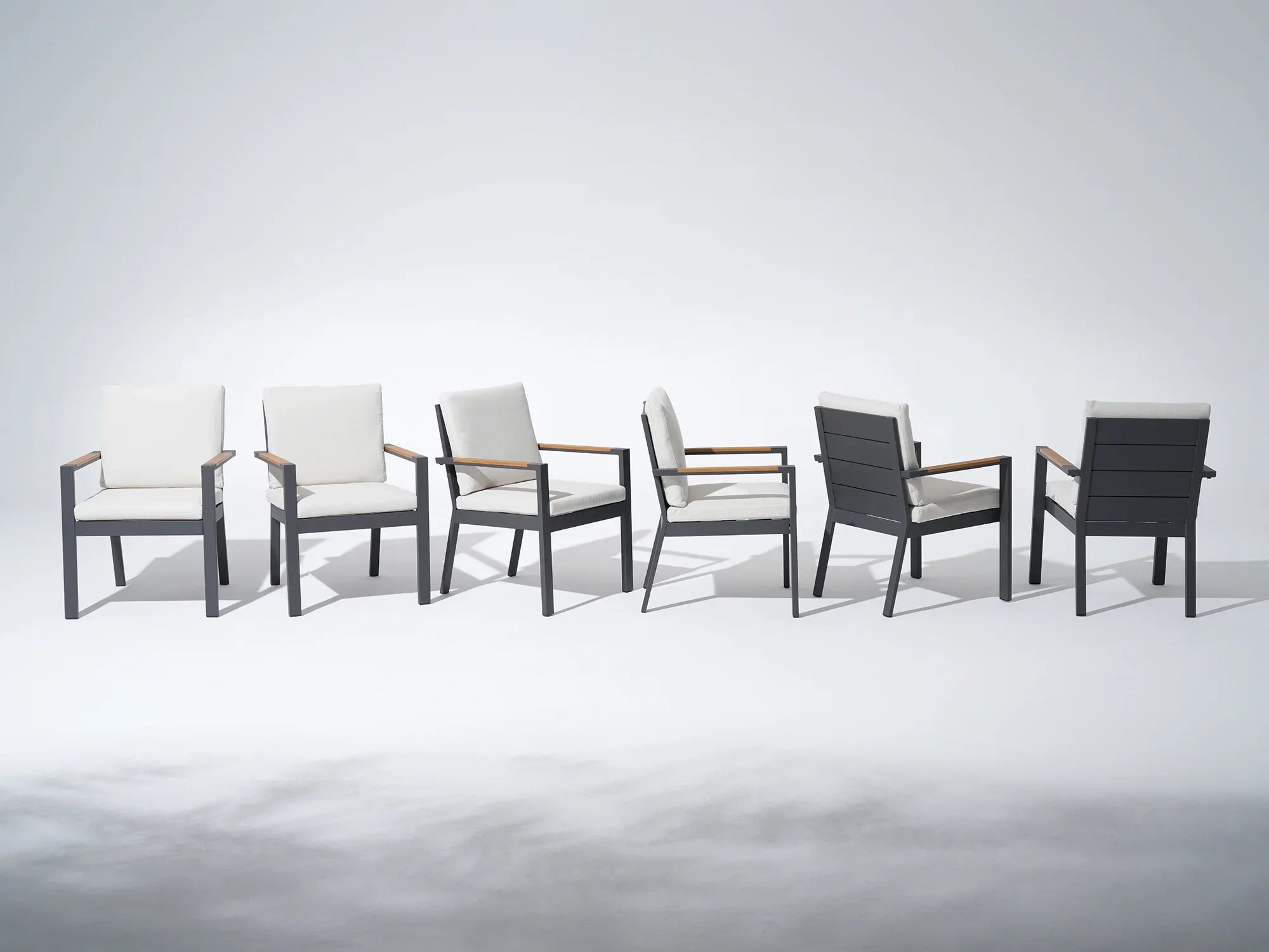 Set of six modern gray aluminum outdoor dining chairs with white cushions, wooden armrest - Jardina Premium Modern Outdoor Dining Furniture