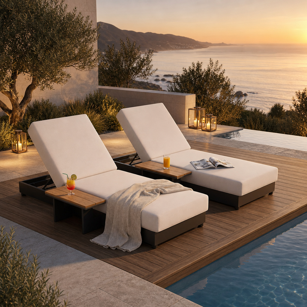 Addison Aluminum Outdoor Lounger with Side Table, Adjustable Backrest & Olefin Cushion
