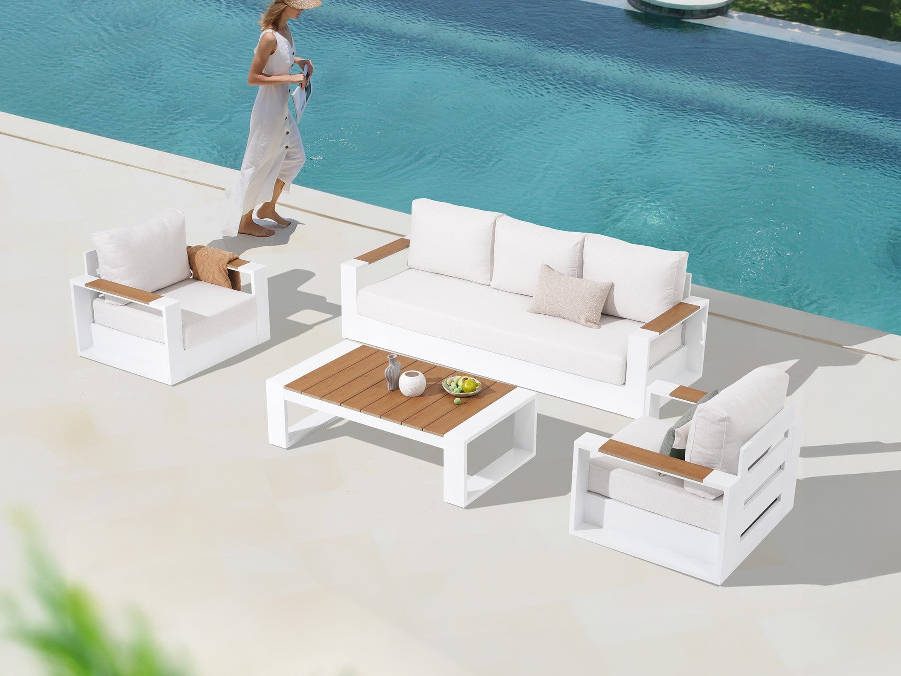 Addison 5-seats outdoor conversation seating sets, white aluminum frame, wood armrest and tabletop, white thick cushions - Jardina Premium Modern Outdoor Patio Furniture