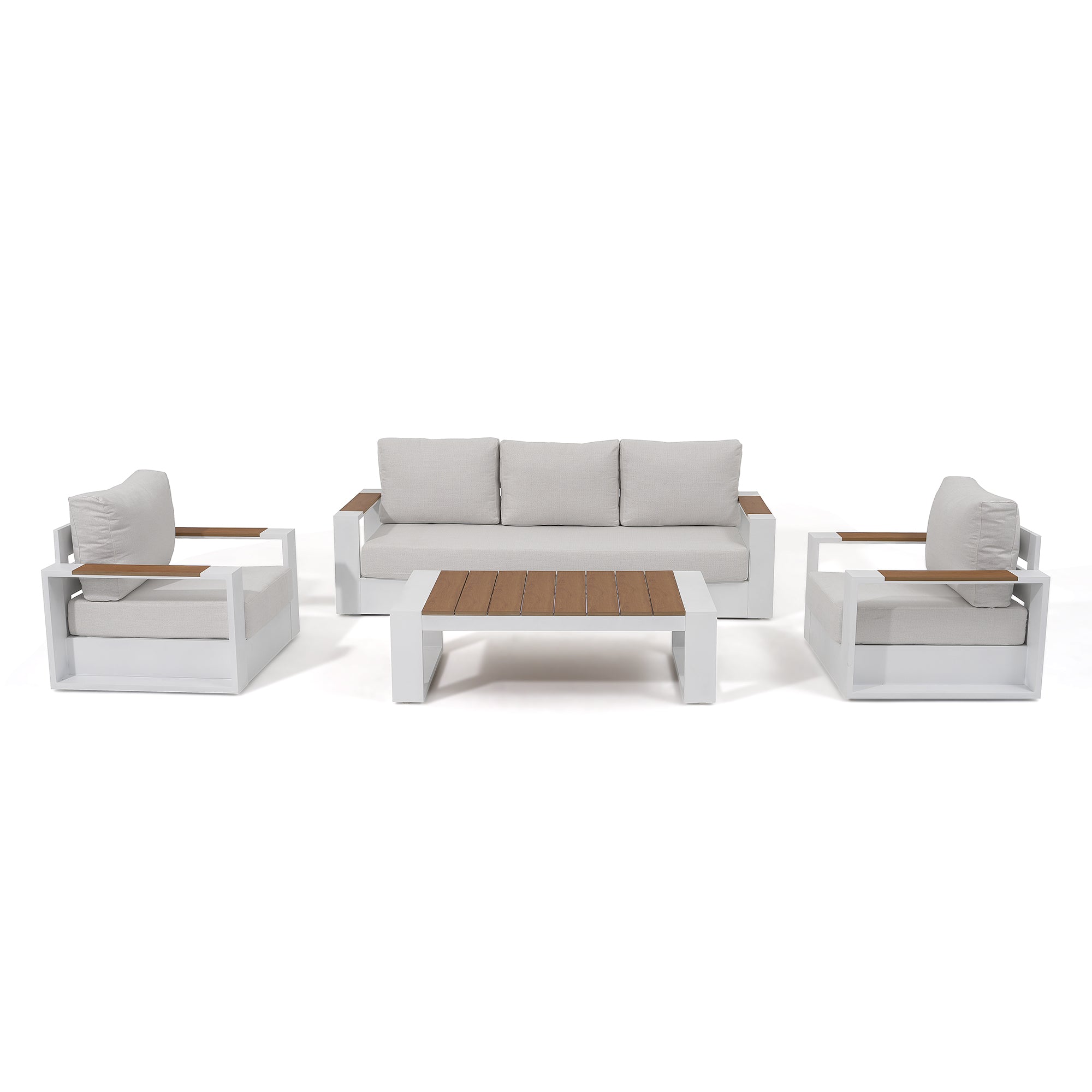 Addison 5-seats outdoor conversation seating sets, white aluminum frame, wood armrest and tabletop - Jardina Premium Modern Outdoor Patio Furniture