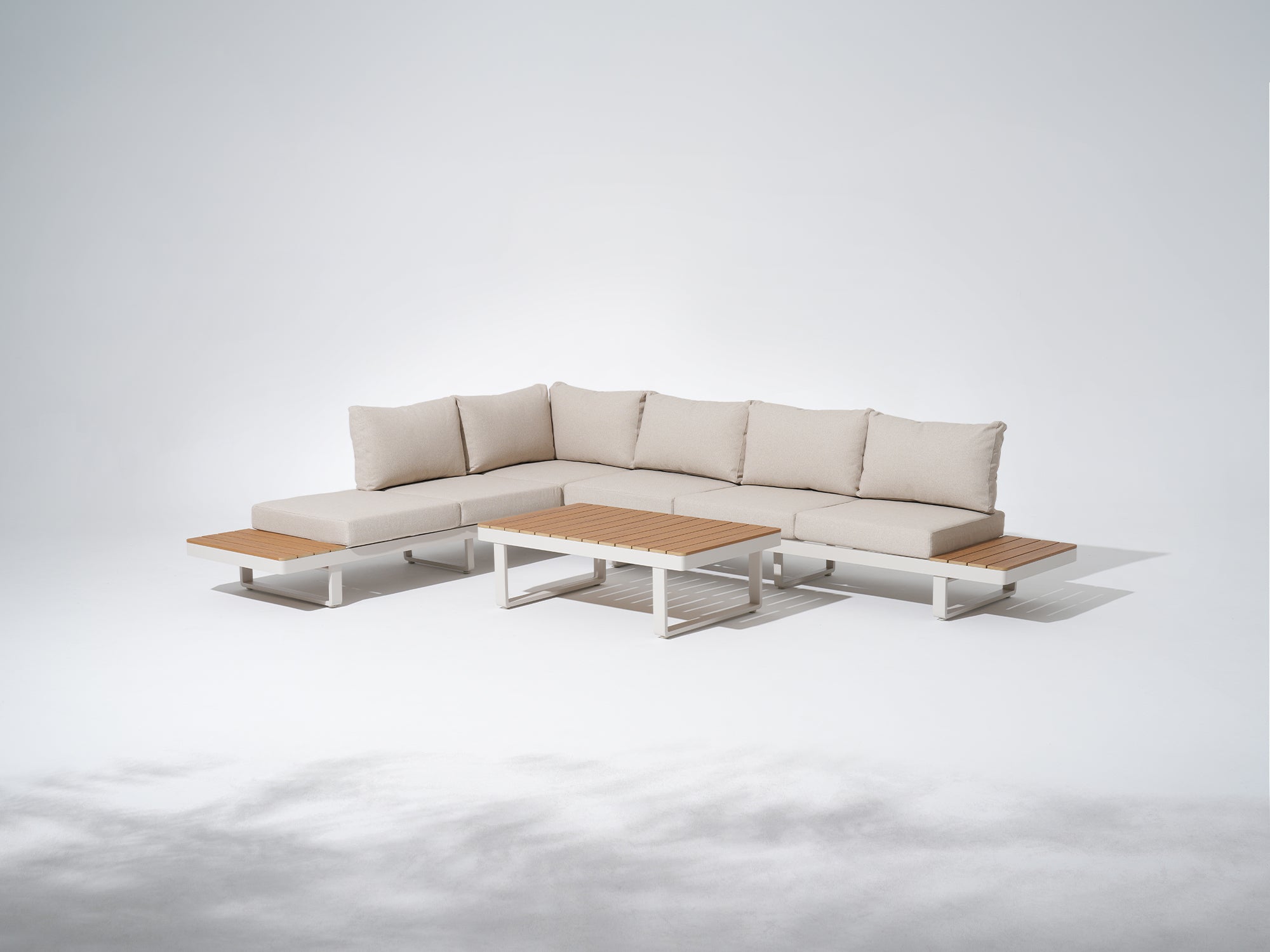 Addison Sectional outdoor sofa with wooden tables, white aluminum frame and thick cushions