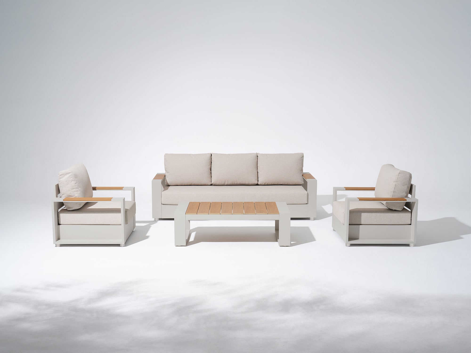 Addison Modern Metal Outdoor Sofa Set, Light Beige Aluminum Frame, Linen Olefin Cushion