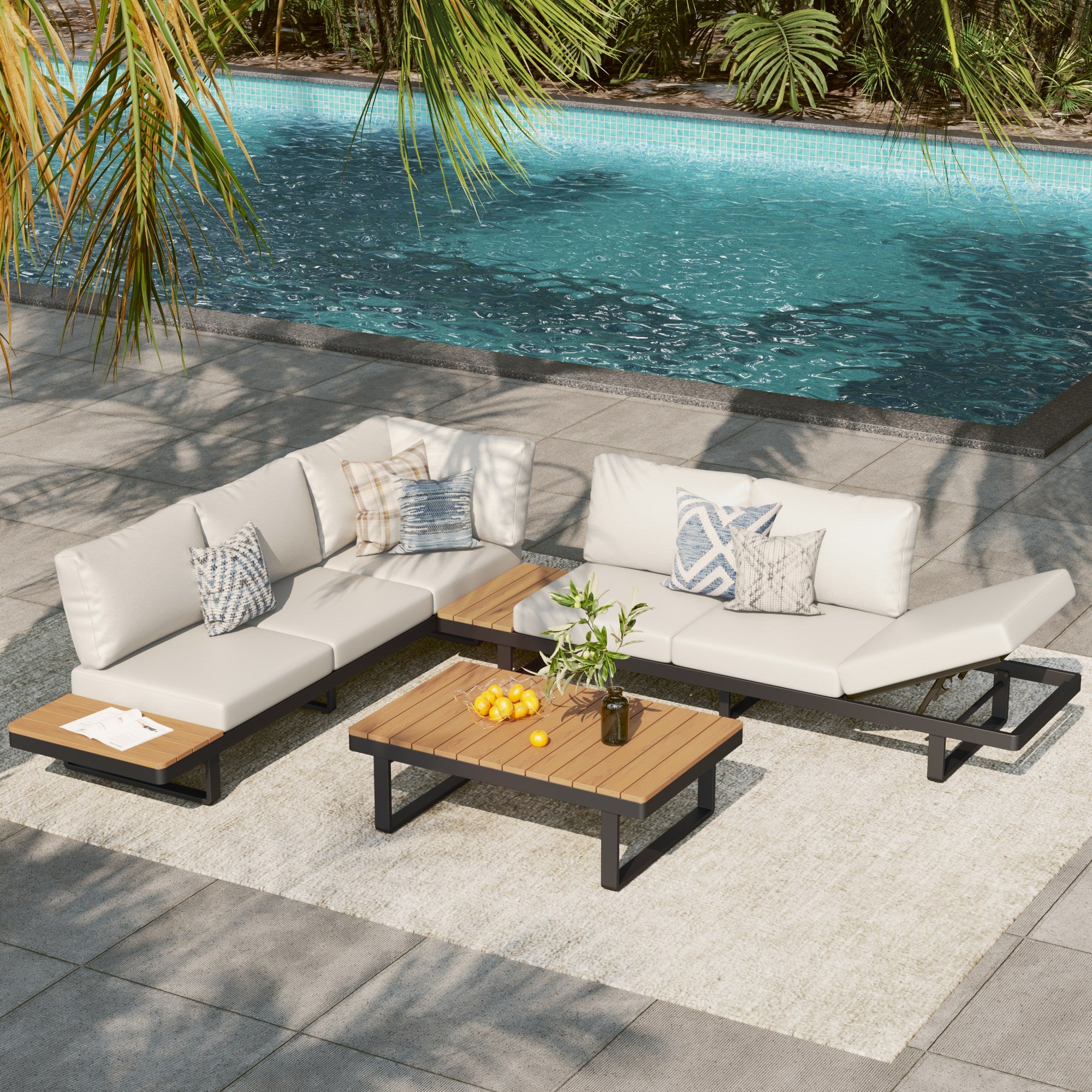 Addison dark gray aluminum outdoor sectional sofa patio furniture set with a woodtop coffee table by a pool