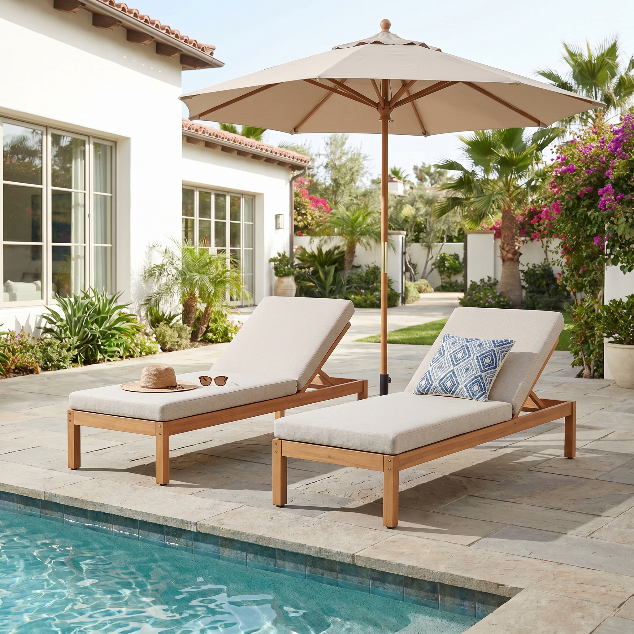 Two wooden outdoor chaise lounges with beige cushions and a matching umbrella by a poolside, adjustable recline- Jardina Modern Premium Outdoor Patio Furniture