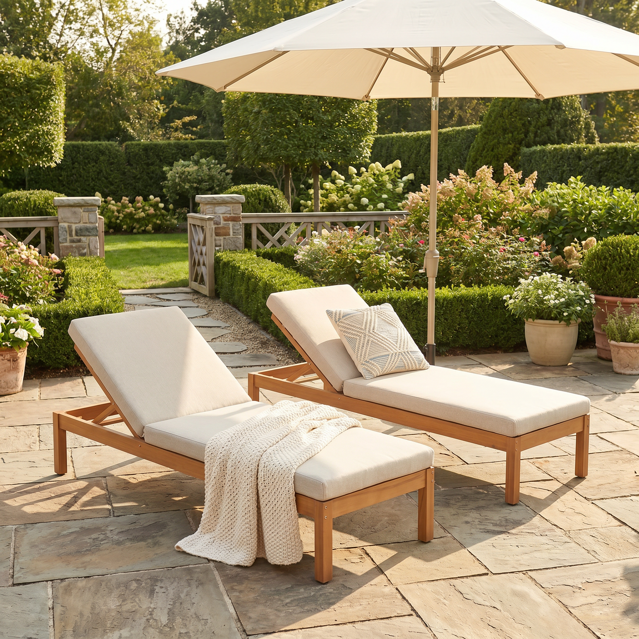 Addison Wooden Outdoor Lounger, Warm-textured Eucalyptus Timber, Adjustable Backrest & Linen Cushion