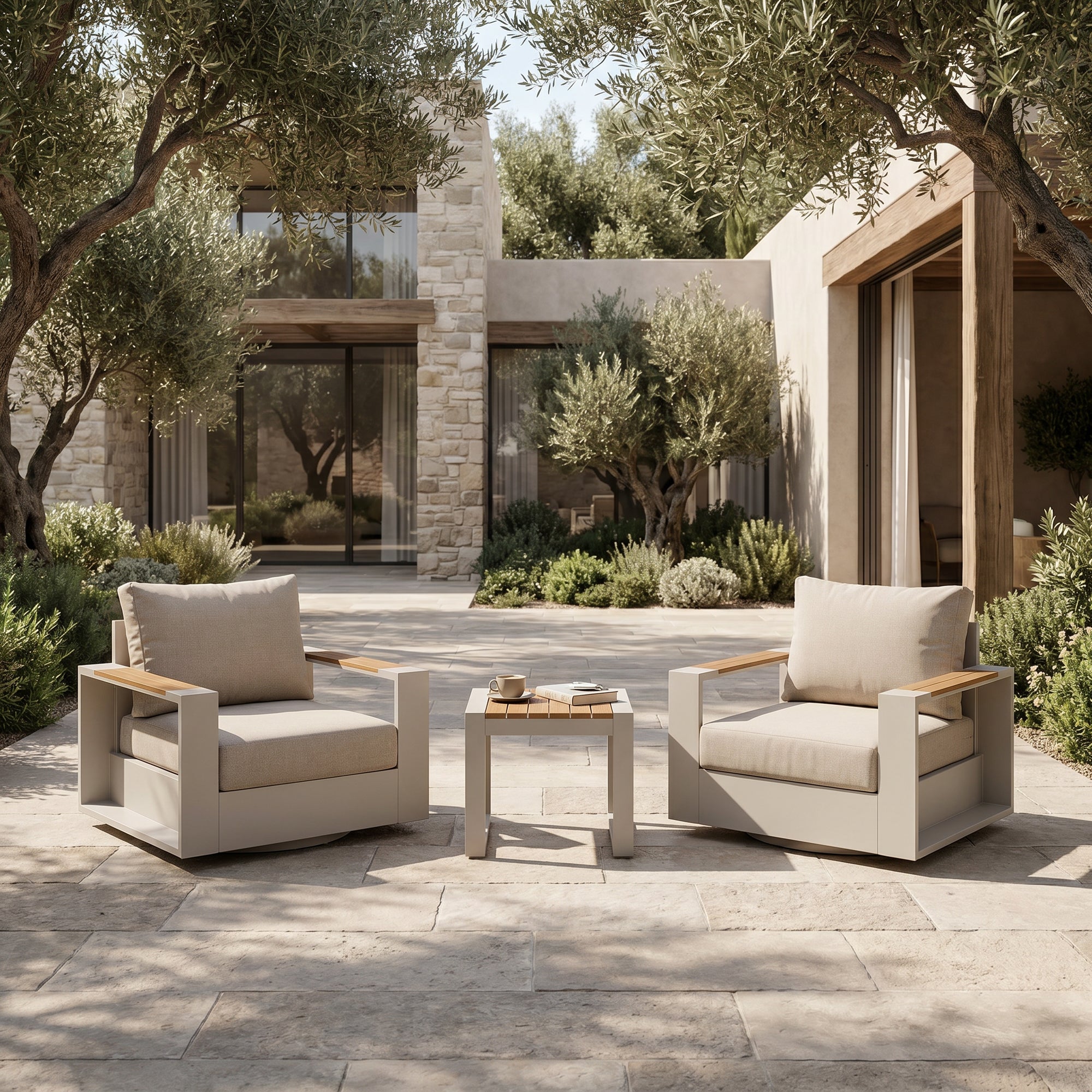Addison 3-Piece Outdoor Swivel Chair Set, Wide Armrests & Side Table, Modern Patio Furniture