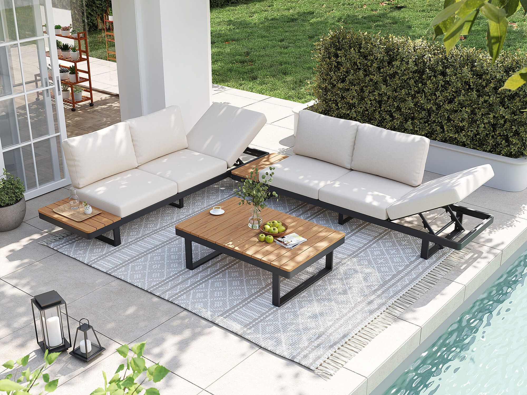 Addison Outdoor Sectional with Adjustable Recline, Dark Grey Aluminum & Creamy White Cushions