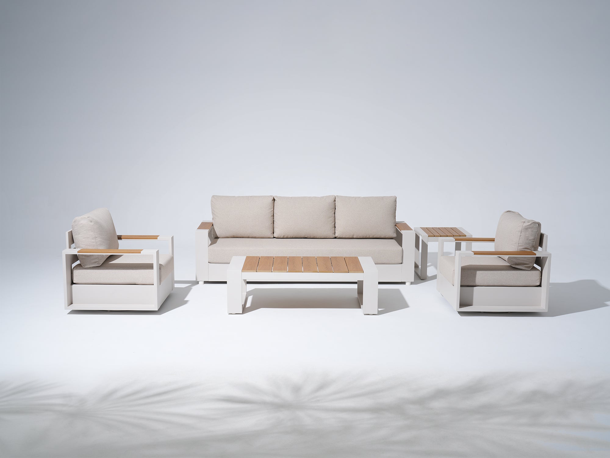 Addison Modern Metal Outdoor Sofa Set, Oyster White Aluminum Frame, Linen Olefin Cushion, Mixed Tables