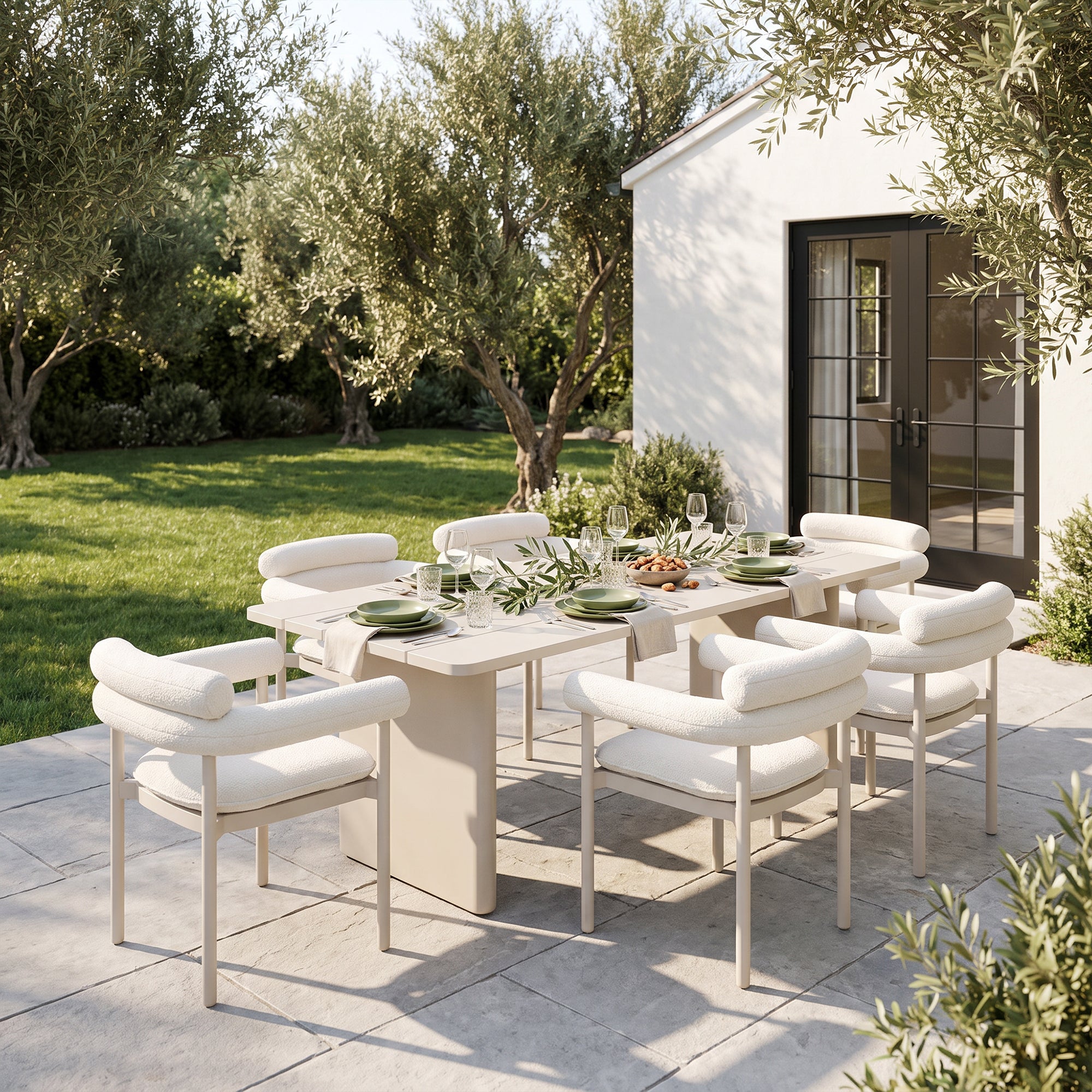 Oyster‑White Aluminum Outdoor Dining Set for 6-8 People, Boucle Upholstered Dining Chairs, 86.6"
