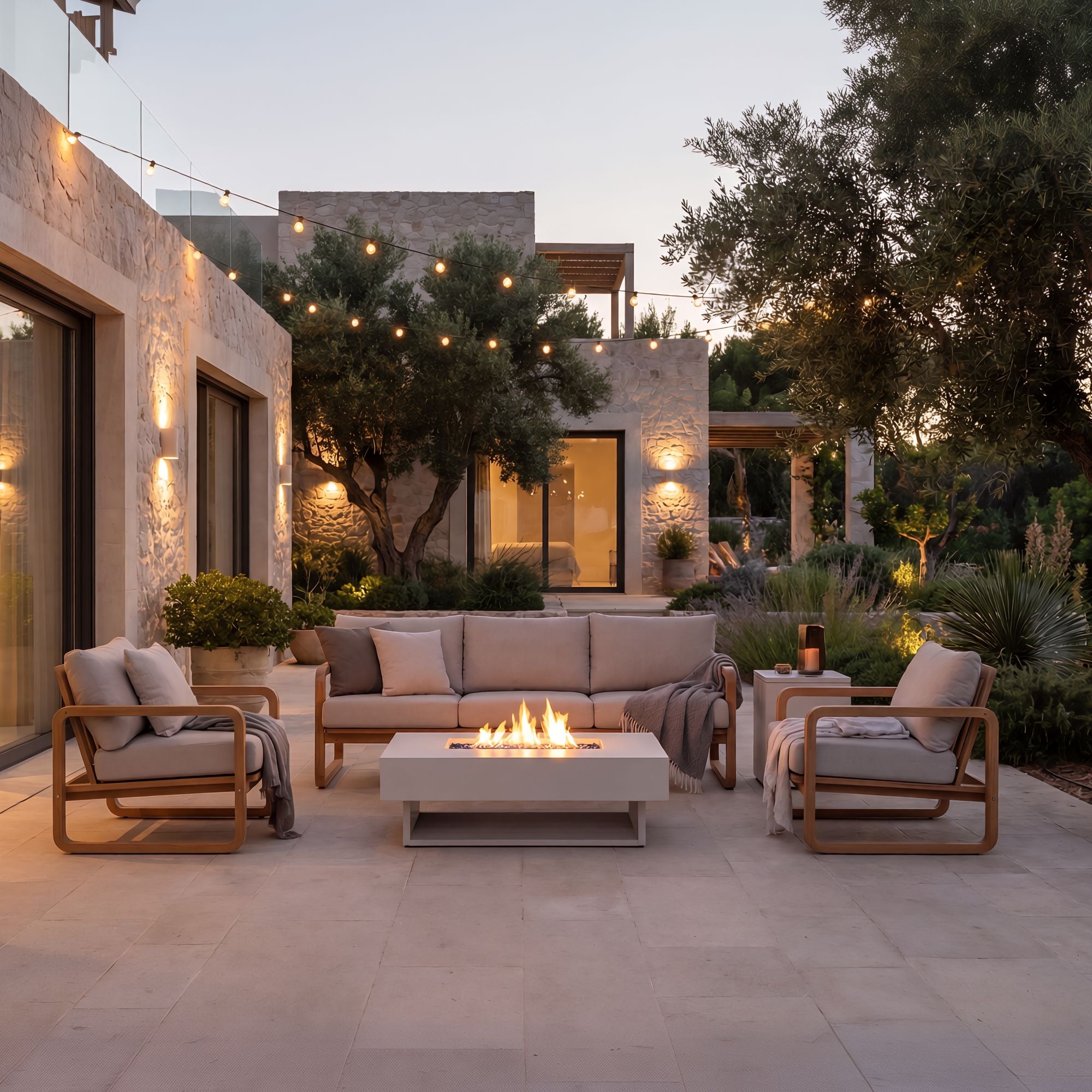 Amaya 4-Piece Wood Outdoor Sofa Set, with Fire Pit Table, Olefin Cushion