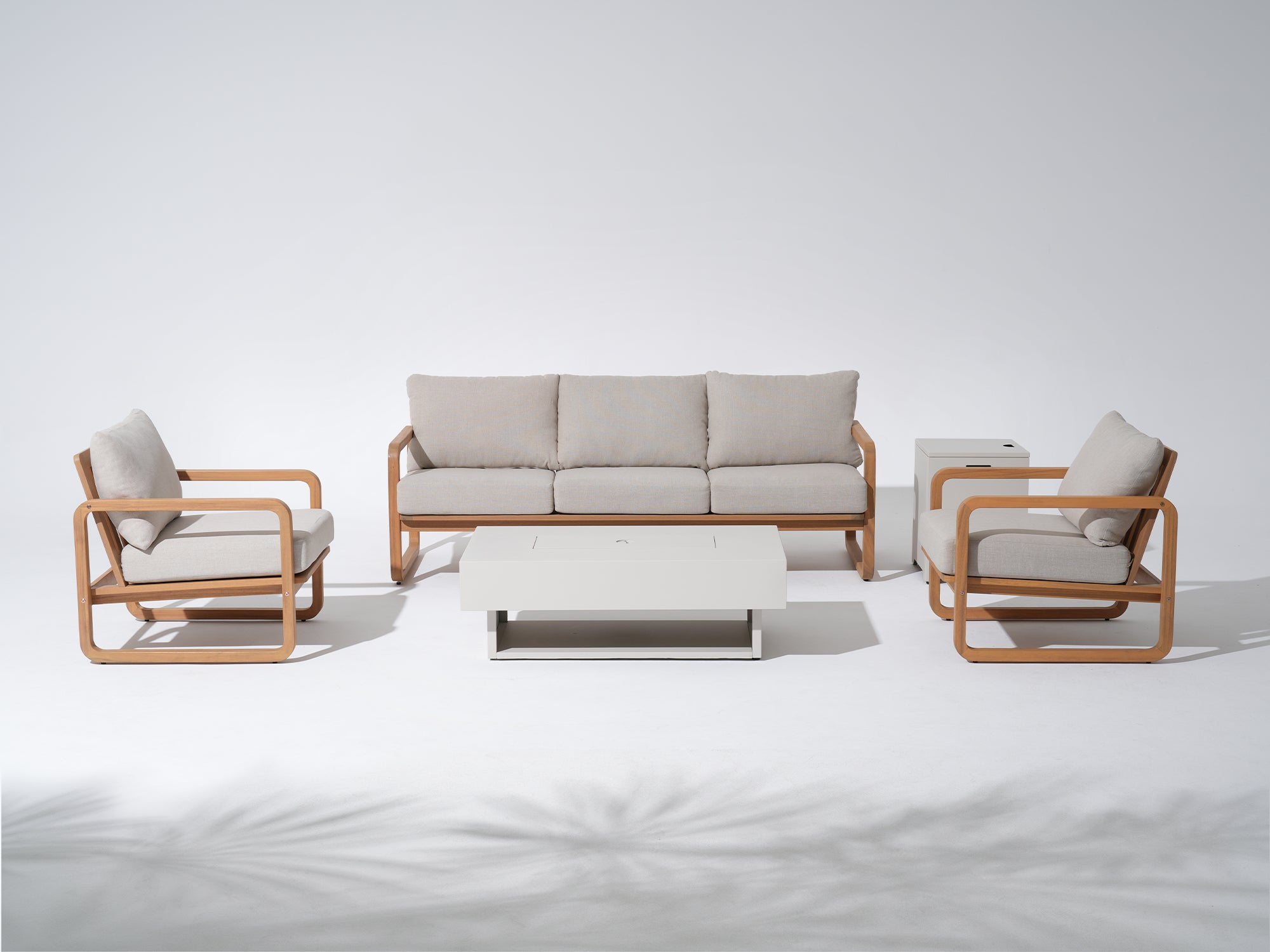 4-Piece Modern Wood outdoor furniture conversation set with Fire Pit Table, Olefin Cushion
