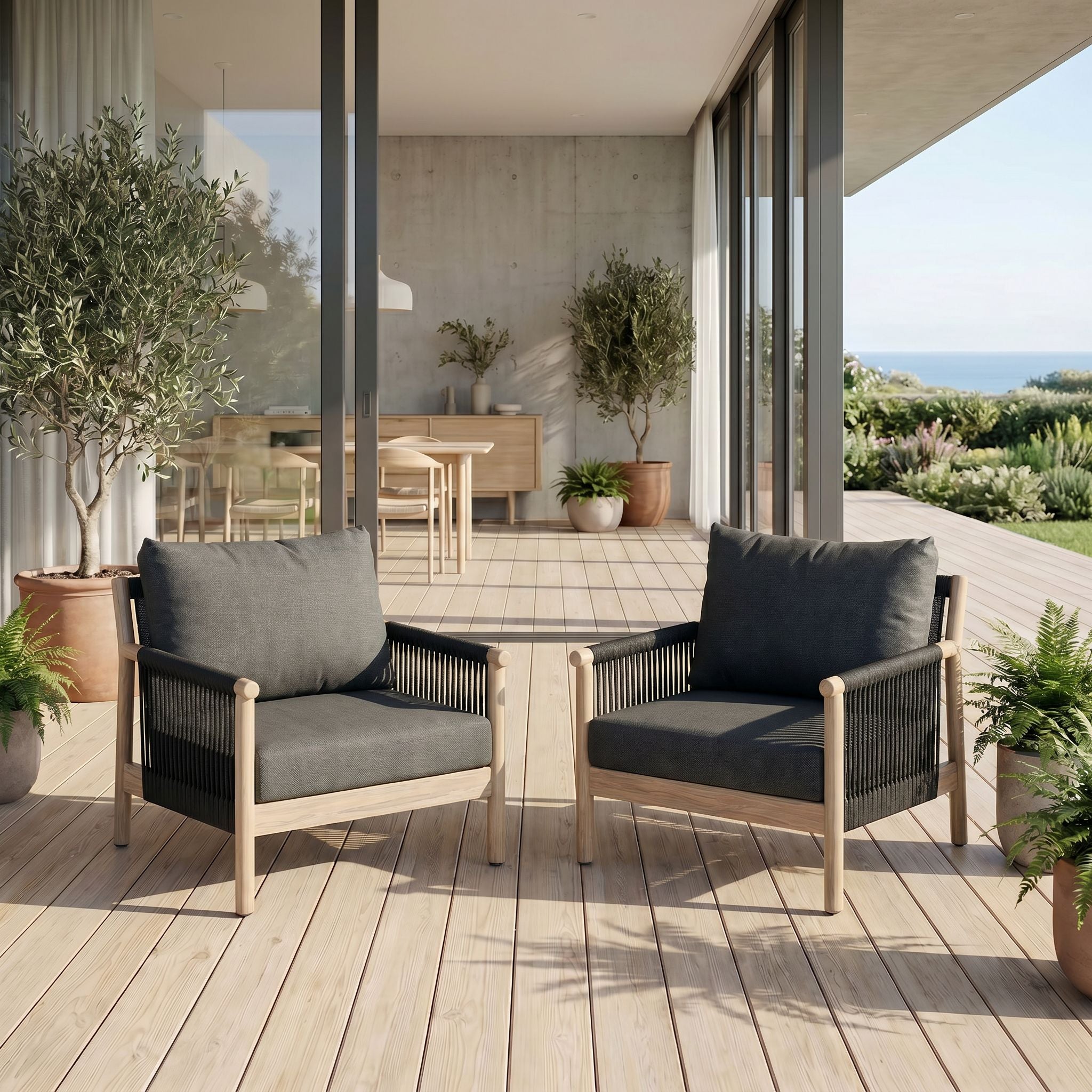 Arlo 5-Piece Aluminum Rope Outdoor Seating Set, Wood-Look, Black Cushions, Mixed Tables