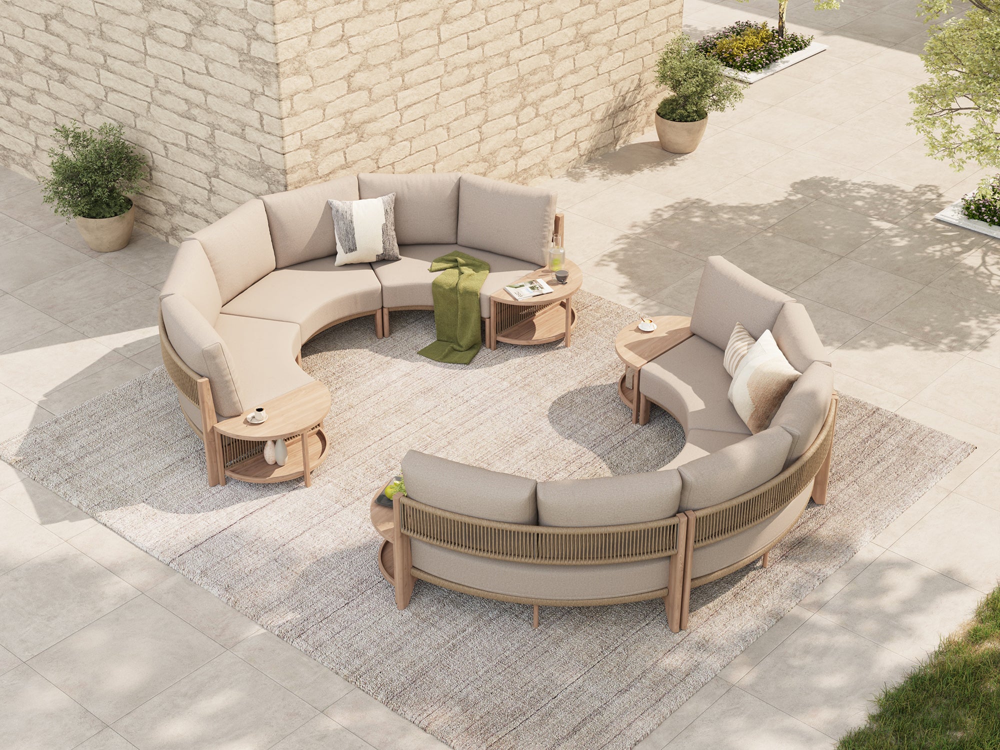 Arlo 10-Piece Outdoor Modular Conversation Set, Open Circle Configuration Wood-Look with Aluminum Frame