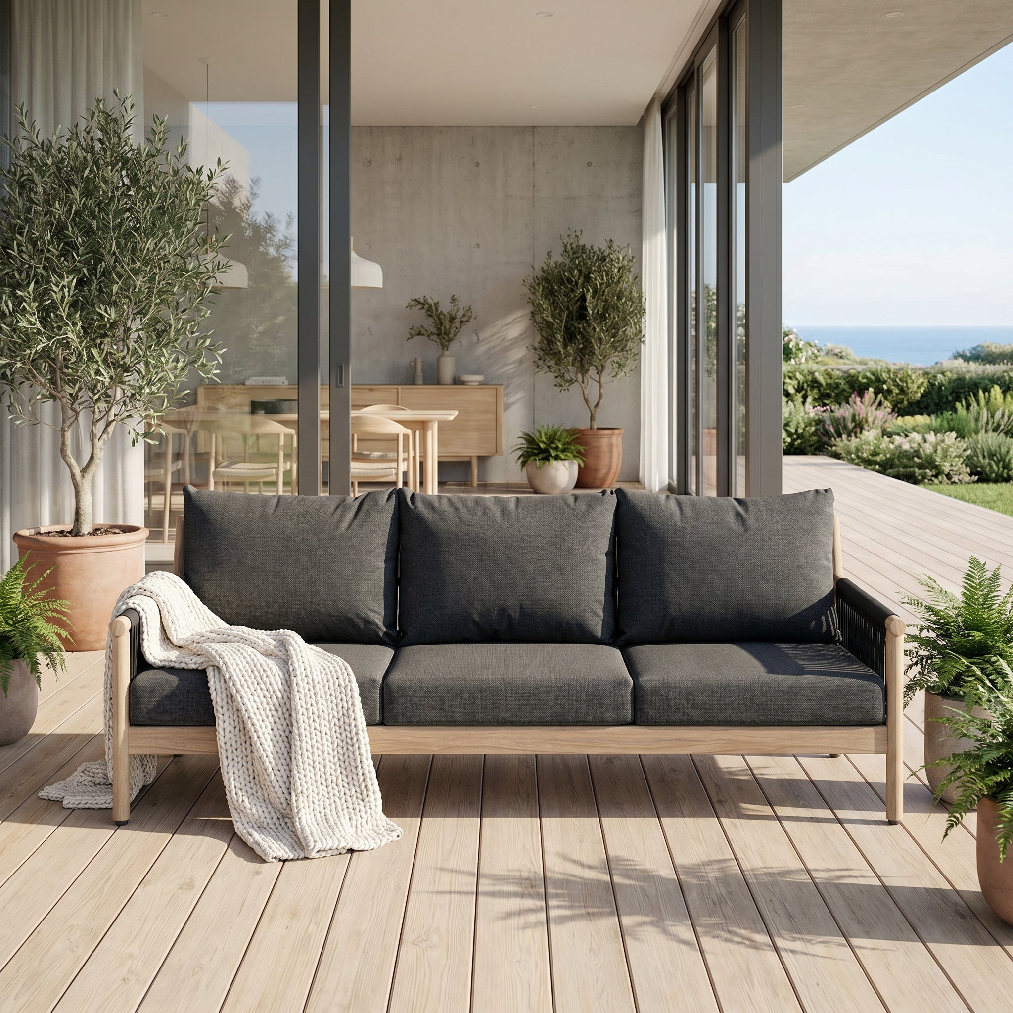 Arlo 5-Piece Aluminum Rope Outdoor Seating Set, Wood-Look, Black Cushions, Mixed Tables
