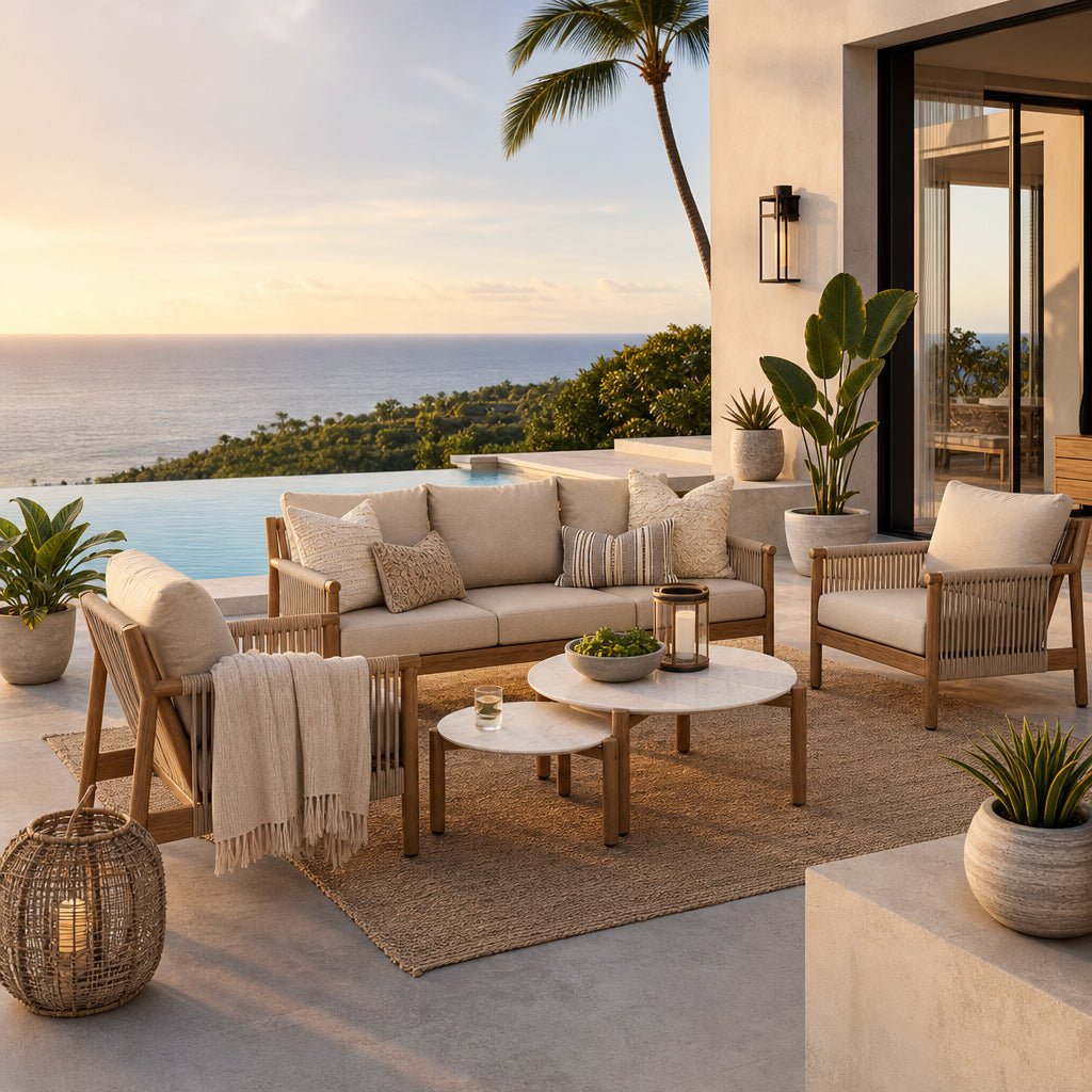Arlo 5-Piece Aluminum Rope Outdoor Seating Set, Wood-Look, Light Beige Cushions, Mixed Tables